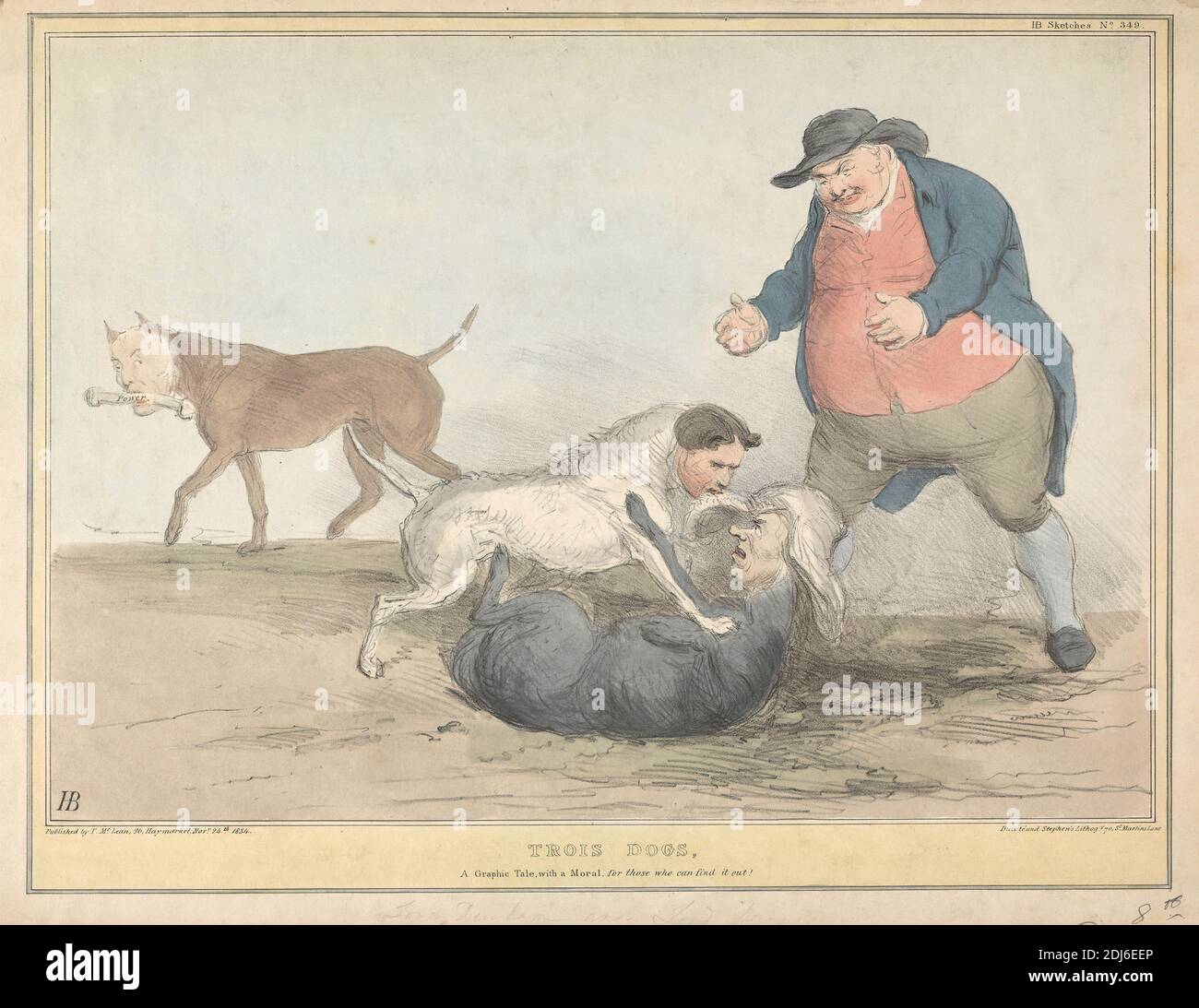 Trois Dogs: A Graphic Tale, with a Moral... for those Who Can Find IT Out!, Druck von John Doyle ('H.B.'), 1797–1868, Irisch, gedruckt von A. Ducôte, aktiv 1832–1840, Britisch, Published by Thomas McLean, 1788–1875, Britisch, 1834, Lithograph, handgefärbt auf mäßig dickem, glattem, beigefarbenem Papier, Blatt: 12 x 17 7/16 Zoll (30.5 x 44.3 cm) und Bild: 9 3/4 x 13 11/16 Zoll (24.7 x 34.7 cm), Tierkunst, Knochen, Hunde (Tiere), Gesichter, Kampf, Genremotiv, Hut, Mann, übergewichtig, Parabel, Politik, Politiker, Satire, Satire, Skizzen, Perücke Stockfoto