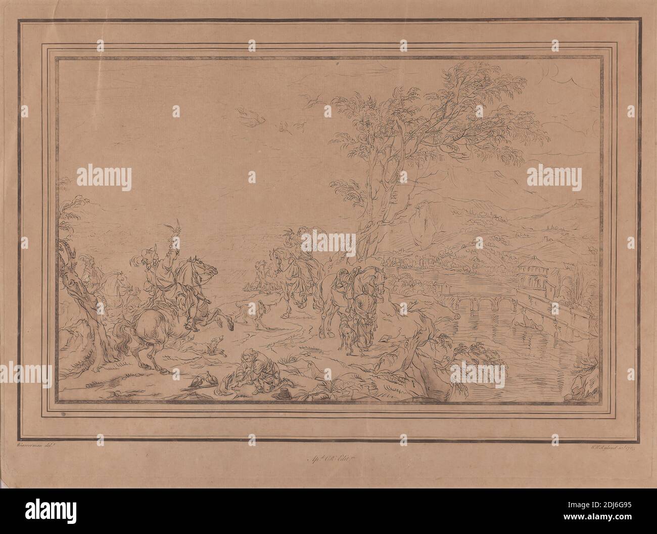 A Hawking Party, Druck gemacht von William Wynne Ryland, 1732–1783, britisch, nach Philips Wouwerman, 1619–1668, niederländisch, 1765, Radierung auf Medium, leicht strukturiert, beige, gemachtes Papier, Rahmen: 22 1/4 × 27 1/4 × 1 inch (56.5 × 69.2 × 2.5 cm), Platte: 13 3/4 × 19 Zoll (34.9 × 48.3 cm), und Bild: 10 × 15 7/8 Zoll (25.4 × 40.3 cm), Vögel, Genre Thema, Falke, Pferde (Tiere Stockfoto