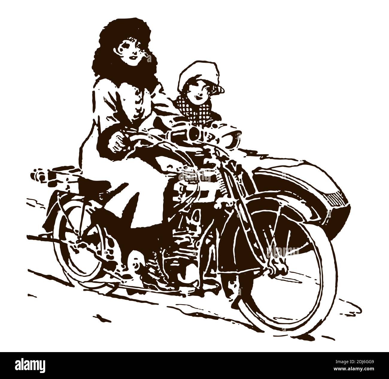 Zwei Frauen aus dem frühen 20. Jahrhundert auf einem klassischen Motorrad mit Seitenwagen, in drei Viertel Ansicht Stock Vektor
