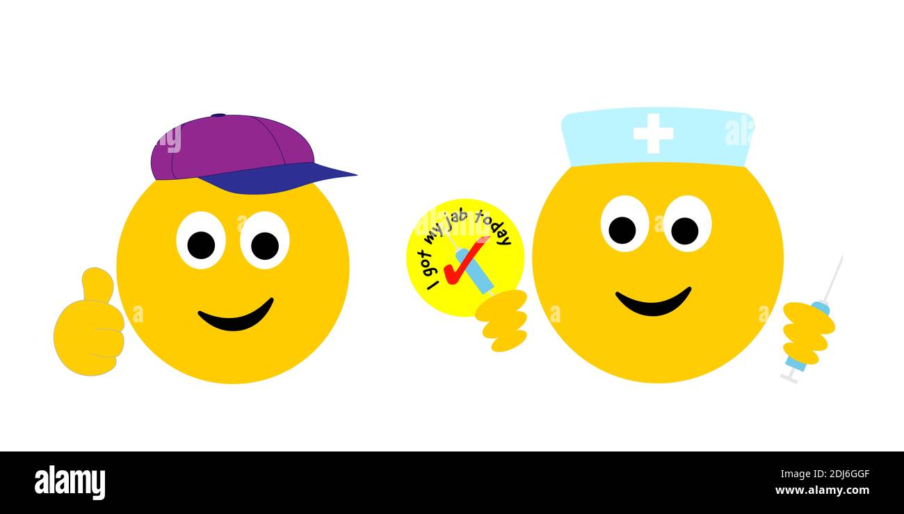 Lächelnde Daumen nach oben emoji bekommen Ich habe meine Jab heute Aufkleber von lächelnden medizinischen emoji mit Impfspritze, Grippe covid 19 medizinische Impfkonzept Stockfoto