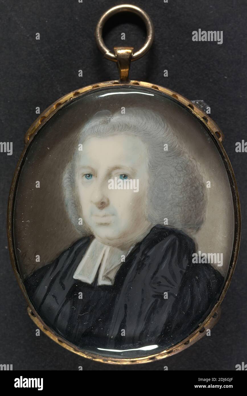 Kleriker in Perücke und schwarzen Roben, James Scoiller, 1741–1812, Britisch, 1777, Aquarell und Gouache auf Elfenbein, insgesamt: 1 7/16 × 1 1/4 Zoll (3.7 × 3.1 cm), Roben, Perücke Stockfoto