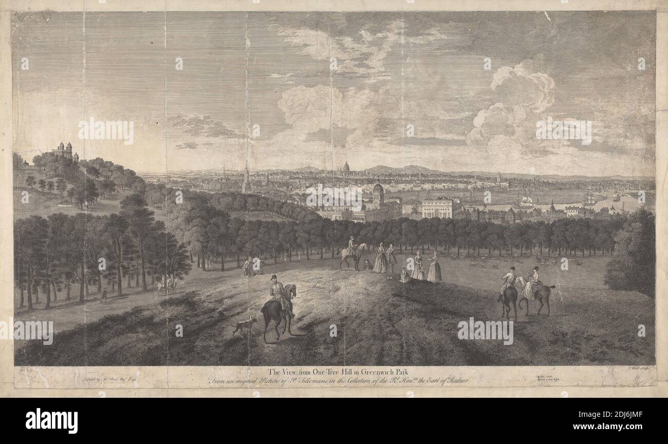 The View of One-Tree Hill in Greenwich Park, graved by John Wood, 1728–1781, British, after Peter Tillemans, 1684–1734, Flämisch, aktiv in Großbritannien (ab 1708), 1740-1749, Gravur, Sheet: 16 3/8 x 27 3/8in. (41.6 x 69,5 cm Stockfoto