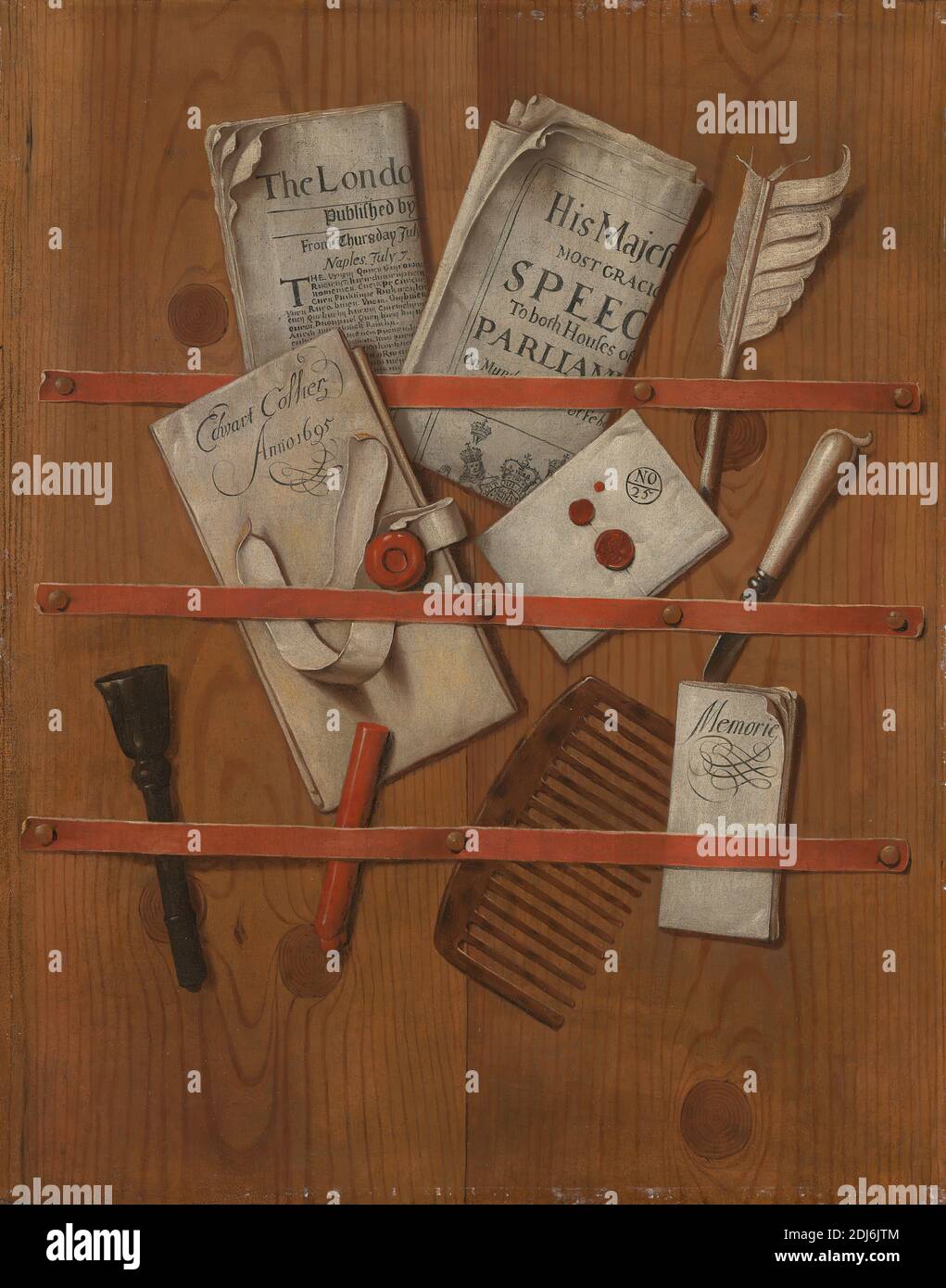 A Letter Rack, Edward Collier, 1642–1708, Niederländisch, aktiv in London 1693–1702 und 1706–1708, 1695, Öl auf Leinwand, insgesamt: 23 1/4 × 18 1/2 Zoll (59.1 × 47 cm), Kamm, Brieföffner, Briefträger, Zeitung, Papier, Federkiel, Stempel (Werkzeug), Stillleben, Wachs, Holz Stockfoto