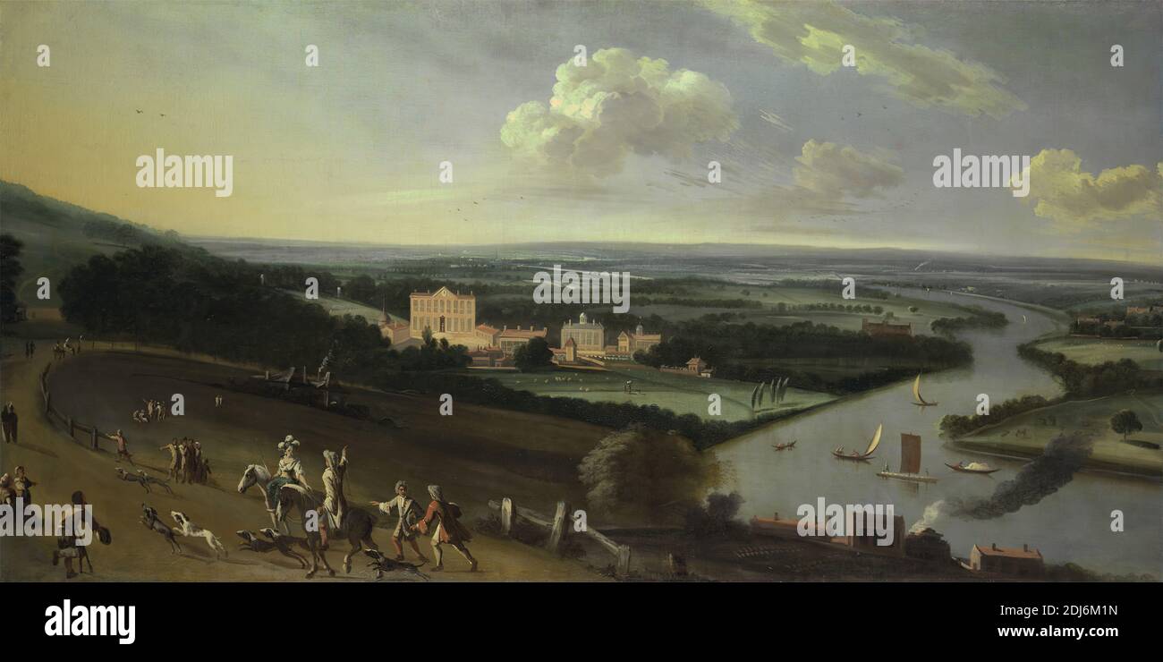 Der Earl of Rochester's House, New Park, Richmond, Surrey, unbekannter Künstler, achtzehnten Jahrhundert, zwischen 1700 und 1705, Öl auf Leinwand, Unterstützung (PTG): 42 1/4 x 83 1/2 Zoll (107.3 x 212.1 cm), Boote, Landhaus, Hunde (Tiere), Gelände, Pferde (Tiere), Haus, Landschaft, Männer, Park (Gelände), Fluss, Straße, Segel, England, Greater London, Richmond, Surrey, Themse, Vereinigtes Königreich Stockfoto