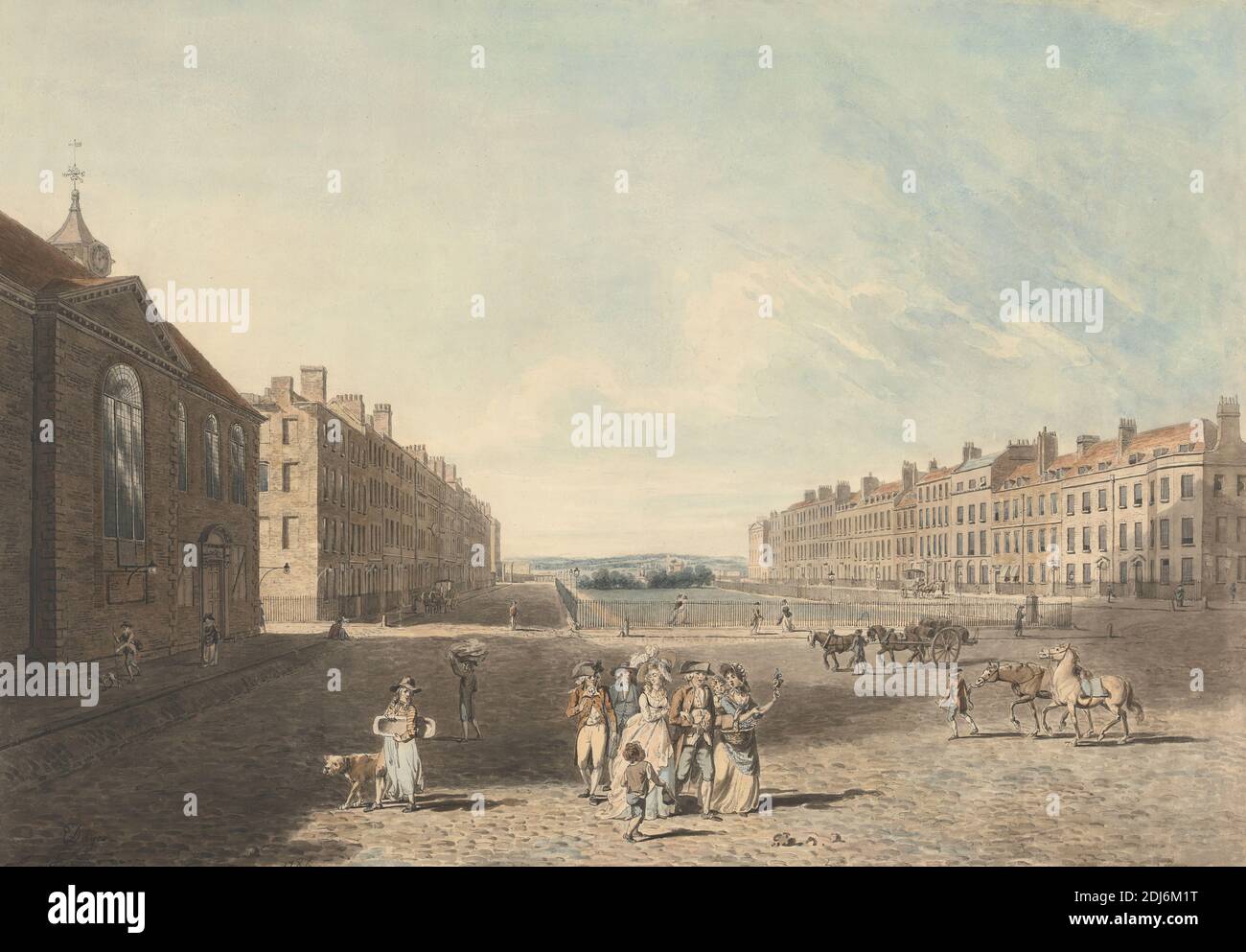 Queen Square, London, Edward Dages, 1763–1804, British, 1786, Aquarell mit Stift und schwarzer Tinte über Graphit auf dickem, glattem, cremefarbenem Papier, Blatt: 17 1/16 x 23 1/2 cm (59.7 x 43.4 Zoll), zeitgenössischer gezeichneter Rand: 17 1/8 x 23 7/16 cm (59.5 x 43.5 Zoll) und Bild: 14 1/2 x 20 7/8 Zoll (36.8 x 53 cm), Schürze, Architekturmotiv, Fässer, Bettler, Junge, Hosen, Gebäude, Kutsche, Tragen, Wagen, Kinder, Stadtbild, Uhrenturm, Paar, Hunde (Tiere), Mode, Zäune, Blumenkorb, Blumen (Pflanzen), Genremotiv, Kleid, Hüte, Hügel, Pferde (Tiere), Laternenpfosten, Männer Stockfoto