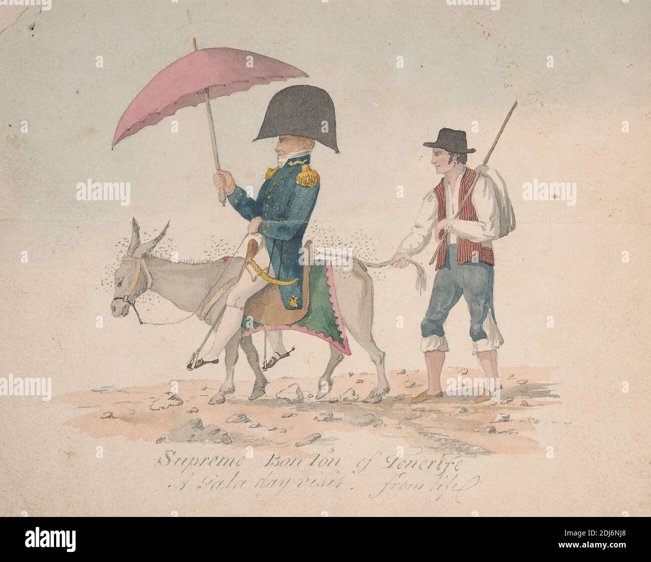 Supreme Bon Ton of Tenerife, Alfred Diston, Active 1818–1829, undatiert, Graphit, Feder und schwarze Tinte und Graphit auf Medium, leicht strukturiert, cremefarbenes Wove-Papier, Blatt: 5 1/2 × 6 7/8 inches (14 × 17.5 cm), Kostüm, Esel, Genresubjekt, Männer, Diener, Soldat, Regenschirm, Europa, Spanien, Teneriffa Stockfoto