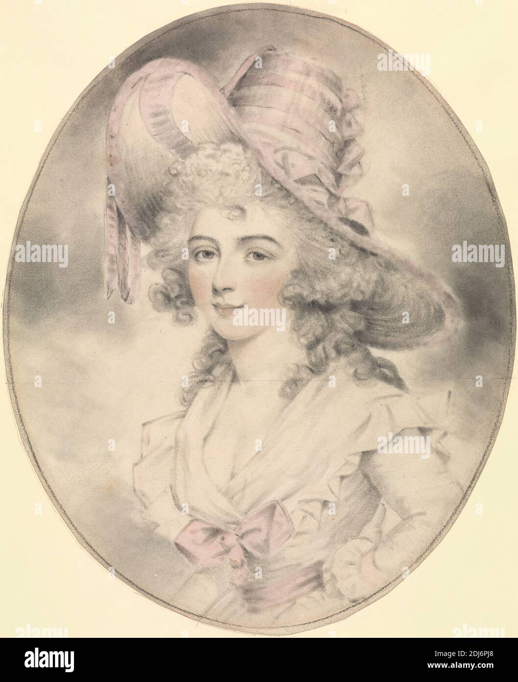 Portrait of a Lady, Facing Left, John Downman, 1750–1824, britisch, undatiert, schwarz-rote Kreide mit Aquarell und Stumpfen auf mittlerem, glattem, blauem, weißem Wove-Papier, Blatt: 7 7/8 x 6 3/8 Zoll (20 x 16.2 cm), Bogen (Kostümzubehör), Locken, Figurenstudie, Kleid, Hut, Dame, Adel, Oval, Porträt, Band, Rüschen, Frau Stockfoto