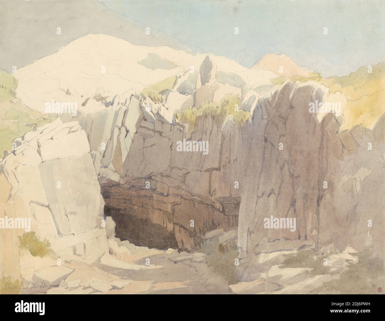 Study of Rocks at Mumbles, Edward Duncan, 1803–1882, britisch, undatiert, Aquarell und Graphit auf mäßig dickem, mäßig strukturiertem, cremefarbenem Papier, Blatt: 10 1/4 x 13 1/4 cm (33.7 x 26 Zoll), Felsbrocken, Höhle, Landschaft, Felsen (Landformen), Europa, Mumbles, Swansea, Swansea, Vereinigtes Königreich, Wales Stockfoto