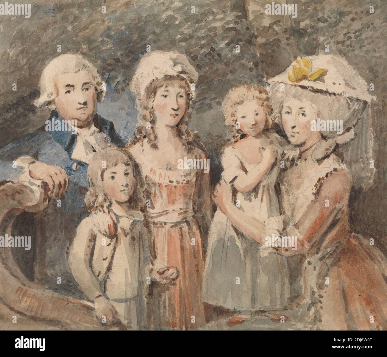 James Boswell and his Family, John Thomas Smith, 1766–1833, britisch, undatiert, Aquarell und Graphit auf Medium, leicht strukturiert, cremefarbenes Papier, Blatt: 5 × 5 7/8 inches (12.7 × 14.9 cm), Kinder, Familie, Hut, Porträt Stockfoto