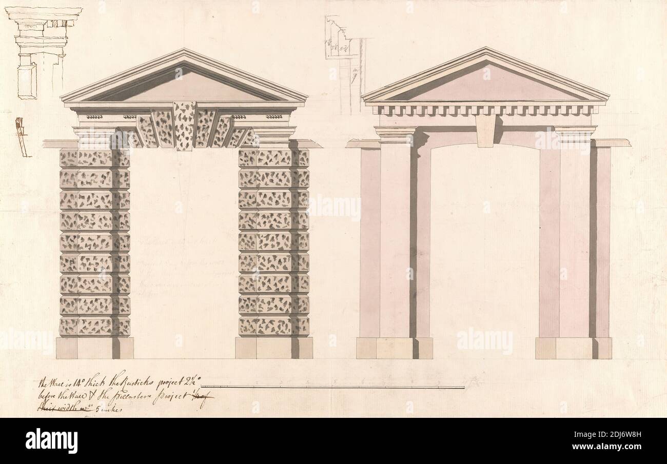 The Hoo, Kimpton, Hertfordshire: Elevations and Details of a Gateway, Sir William Chambers RA, 1723–1796, British, ca. 1760-1764, Graphit, Feder und braune Tinte, und Aquarell auf mäßig dickem, mäßig strukturiertem, cremefarbenen Papier, Blatt: 12 x 19 1/4 Zoll (30.5 x 48.9 cm), architektonisches Motiv, Türöffnung, Tore, Formgebung, Neoklassik, Rustication, England, Hertfordshire, Kimpton, Vereinigtes Königreich Stockfoto