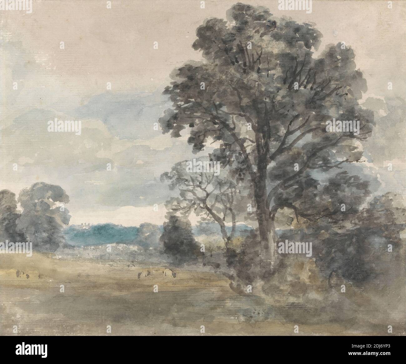 Landscape at East Bergholt, John Constable, 1776–1837, British, ca. 1805, Aquarell über Graphit auf Medium, mäßig strukturiert, gebläutes weißes Papier, Blatt: 7 x 8 1/2 Zoll (17.8 x 21.6 cm), Landschaft, Schafe, Bäume, East Bergholt, England, Europa, Suffolk, Großbritannien Stockfoto