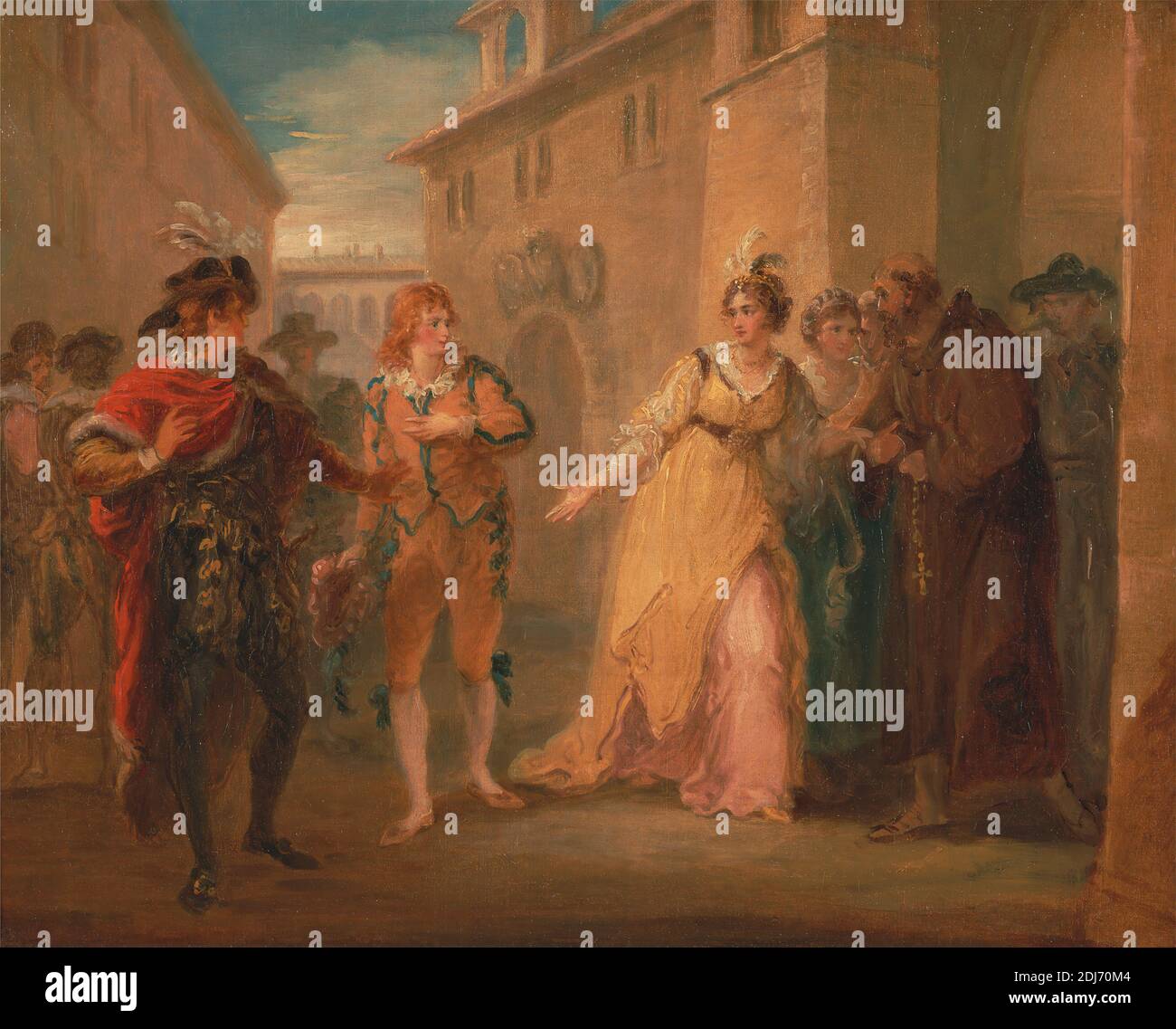Die Enthüllung von Olivias Verlobung, aus 'Zwölfte Nacht', Akt V, Szene i, William Hamilton, 1751–1801, British, ca. 1790, Öl auf Leinwand, Unterstützung (PTG): 13 1/2 x 17 Zoll (34.3 x 43.2 cm), Bögen, Stadt, Stadtbild, Geste, literarisches Thema, Männer, Mönch, Spiel, Priester, Bühne, Straße, zwölfte Nacht; oder, Was Sie wollen, spielen von William Shakespeare, Frauen Stockfoto
