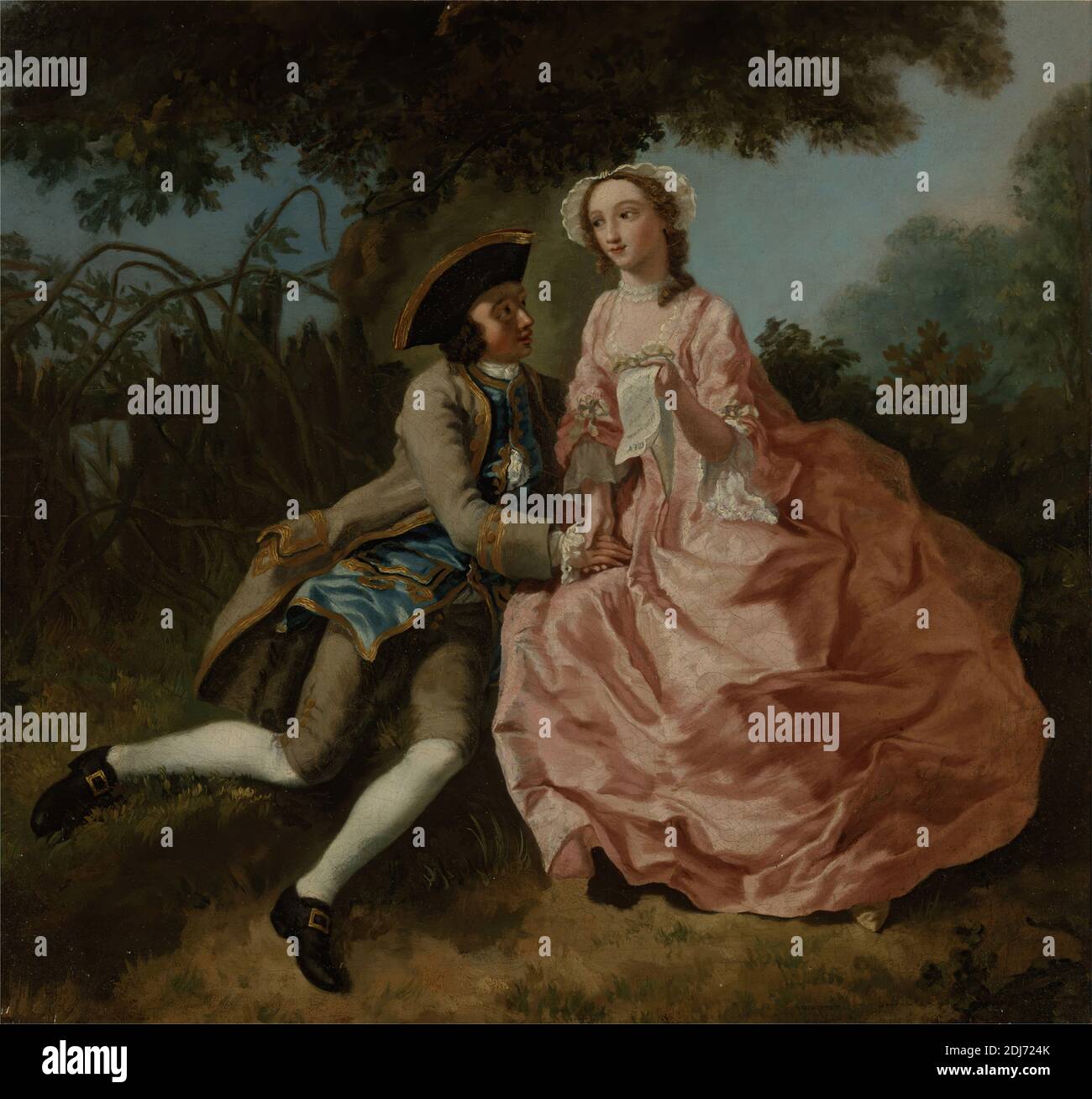 Liebhaber in einer Landschaft, Pieter Jan van Reysschoot, 1702–1772, Flämisch, aktiv in Großbritannien (1736–44), ca. 1740, Öl auf Leinwand, Unterstützung (PTG): 19 1/2 x 21 Zoll (49.5 x 53.3 cm), Gespräch Stück, Kleid, Hand, Brief, Liebhaber, Mann, außerhalb, Papier, rosa (Farbe), Porträt, Frau Stockfoto