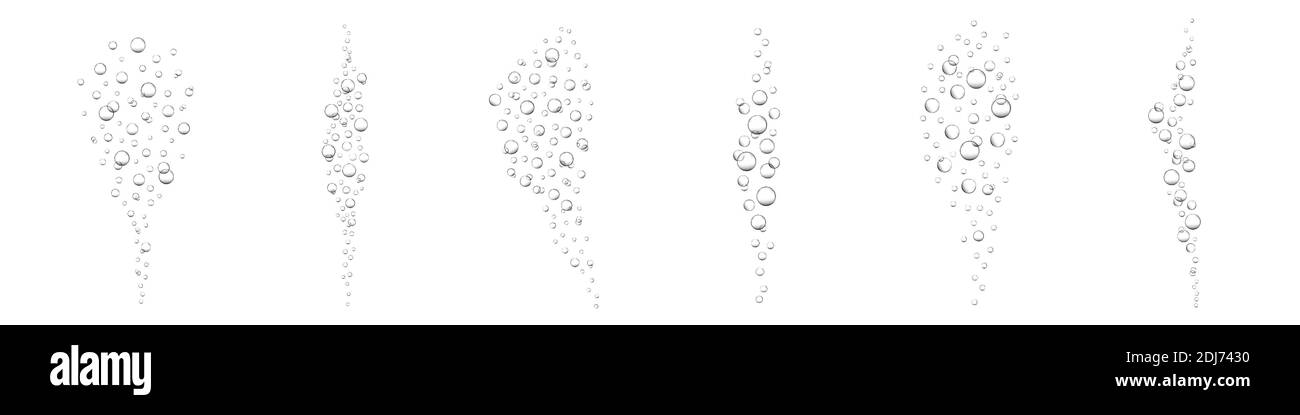 Luftblasen im Wasser. Kohlensäurehaltiges Getränk, Limonade, Sekt, Limonade. Unterwasser-Sauerstoffblasen im Meer oder Aquarium. Vektor realistische Illustration. Stock Vektor