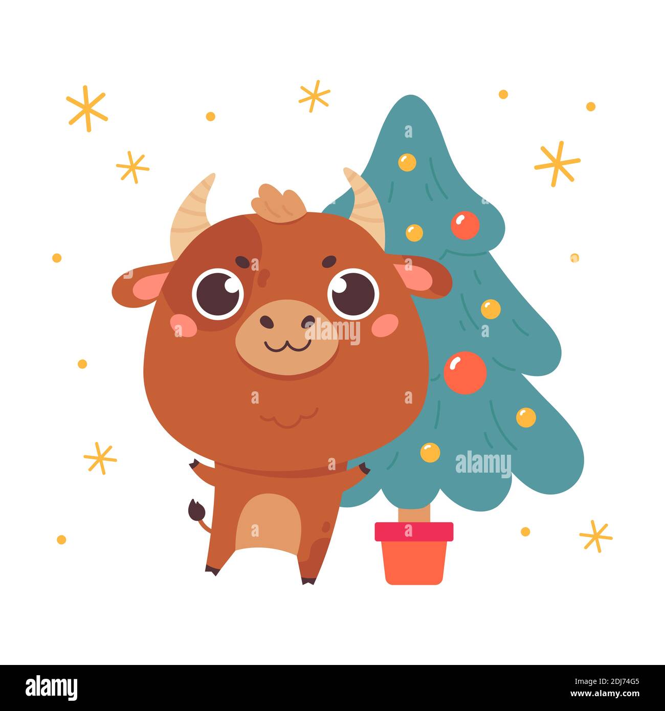 Cute Cartoon Stier mit dem Weihnachtsbaum. Stock Vektor