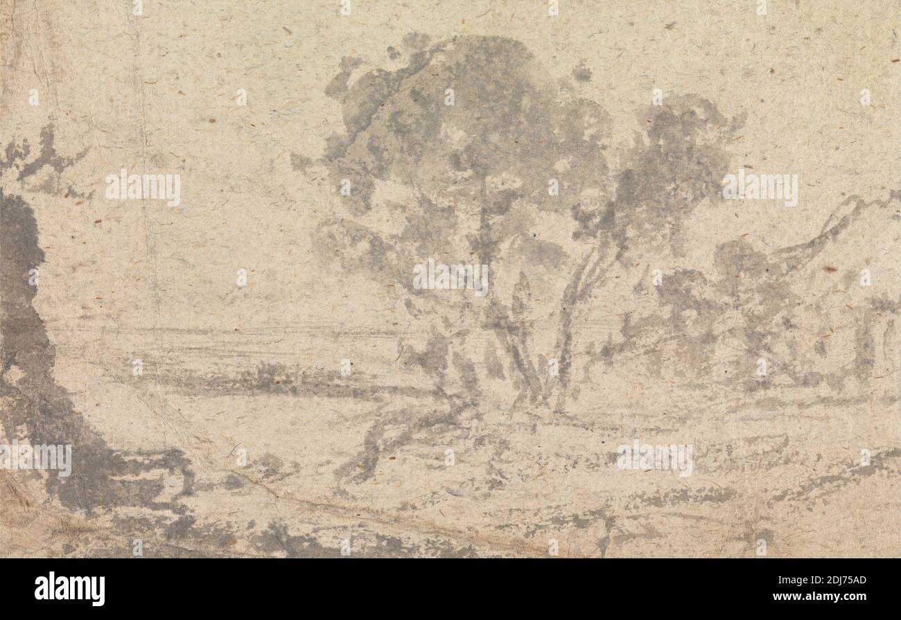 Landschaftszeichnung mit Baum, unbekannter Künstler, undatiert, Grauwäsche auf Medium, mäßig strukturiert, beigefarbenes Papier, Blatt: 3 5/8 × 5 1/2 Zoll (9.2 × 14 cm Stockfoto