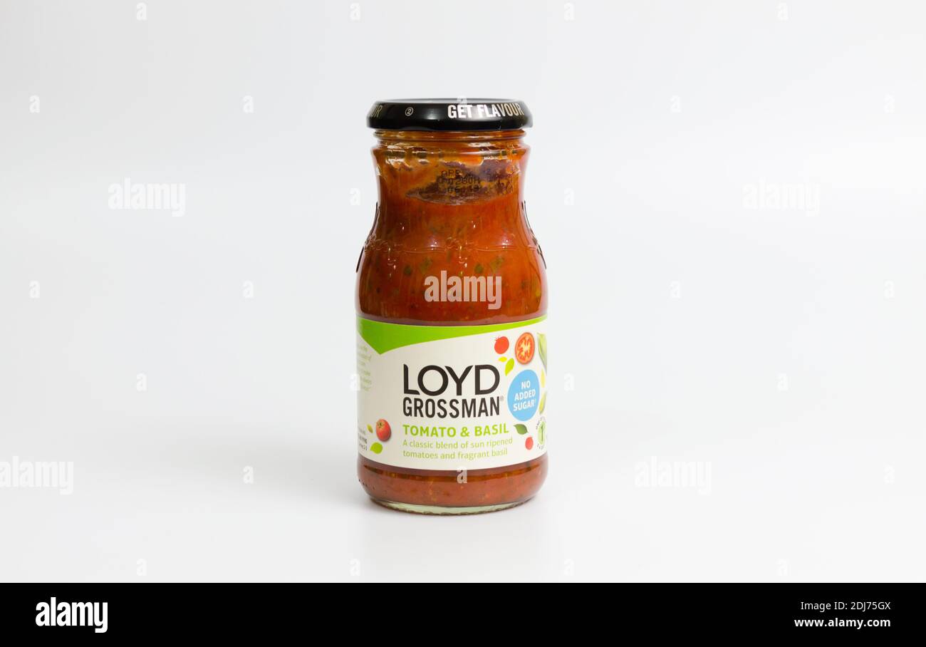 Loyd Grossman Pasta-Sauce aus Tomaten und Basilikum Stockfoto