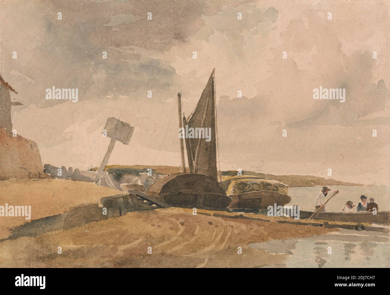 Low Tide, Bootsanlegestelle, Peter DeWint, 1784–1849, britisch, undatiert, Aquarell und Graphit auf dickem, cremefarbenem, rauem Wove-Papier, Blatt: 7 1/2 x 11 Zoll (19.1 x 27.9 cm), Wolken, Docks, Landung (Meeresstruktur), Meereskunst, Männer, Ruder, Fluss, Segelboote, Küste Stockfoto