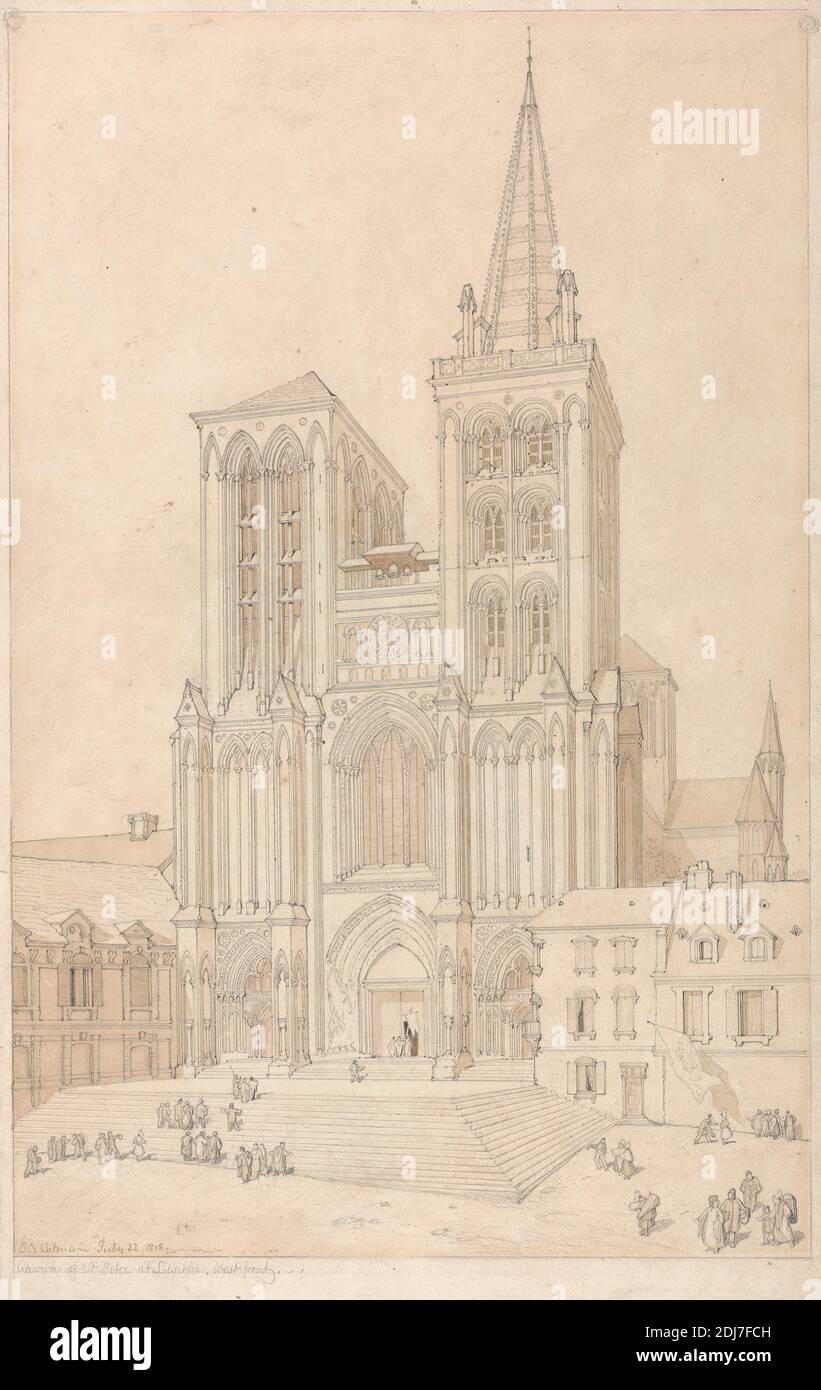 St. Peter in Lisieux, Normandie: West Front, John Sell Cotman, 1782–1842, British, 1818, Graphit und braun waschen auf Medium, leicht strukturiert, cremefarbenes Wove Papier, Blatt: 16 3/4 x 10 3/4 Zoll (42.5 x 27.3 cm) und Contemporary Drawn Rand: 19 7/8 x 14 1/4 Zoll (50.5 x 36.2 cm), Architekturmotiv, Frankreich, Lisieux, Normandie Stockfoto