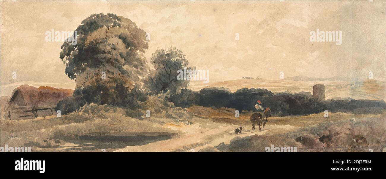 A Country Road with Traveller on Horseback, zugeschrieben Peter DeWint, 1784–1849, britisch, undatiert, Aquarell und Graphit auf Medium, leicht strukturiert, cremefarbenes Webepapier, Blatt: 6 5/8 x 16 7/8 Zoll (16.8 x 42.9 cm), Land, Hunde (Tiere), Zaun, Pferde (Tiere), Häuser, Landschaft, Straßen, Reisende, Bäume Stockfoto