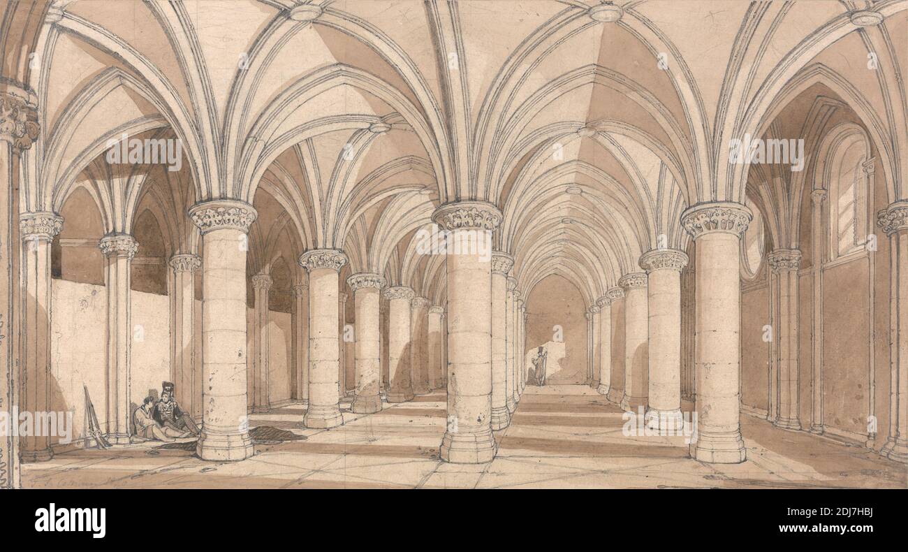 The Barons' Hall, Mont Saint Michel, John Sell Cotman, 1782–1842, British, 1820, Graphit- und Braunwäsche auf mittlerem, leicht strukturiertem, cremefarbenem Wove-Papier, Blatt: 9 3/8 × 16 1/4 Zoll (23.8 × 41.3 cm), architektonisches Motiv Stockfoto