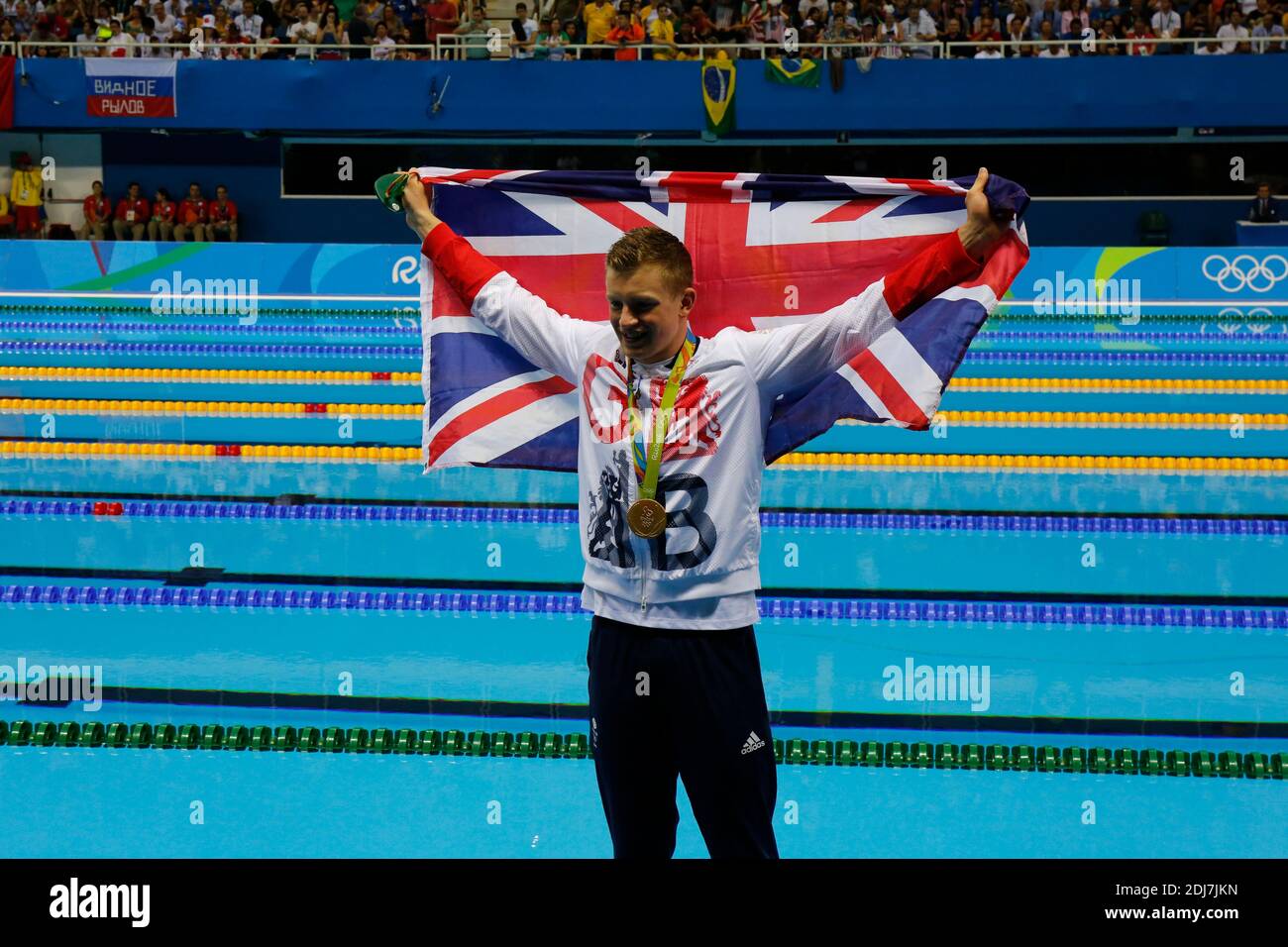 Podium 100 m Breaststroke Men : der britische Adam Peaty Goldmedaillengewinner, bei der Schwimmveranstaltung im Olympischen Schwimmbad, Rio, Brasilien am 7. August 2016. Foto von Henri Szwarc/ABACAPRESS.COM Stockfoto
