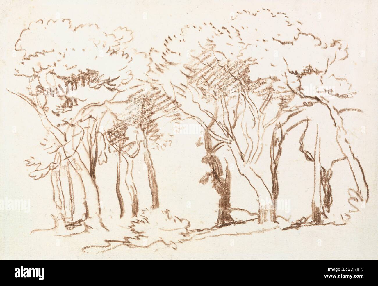Studie von Bäumen, Anhänger von David Cox, 1783–1859, britisch, ehemals David Cox zugeschrieben, 1783–1859, britisch, zwischen 1840 und 1849, Brauner Wachsmalstift auf mittlerem, mäßig strukturiertem, cremefarbenem Wove-Papier, Blatt: 7 7/8 x 11 3/8in. (20 x 28,9 cm) und Blatt: 7/8 × 28.9 cm (7 × 11 3/8 20 Zoll), Landschaft, Bäume Stockfoto