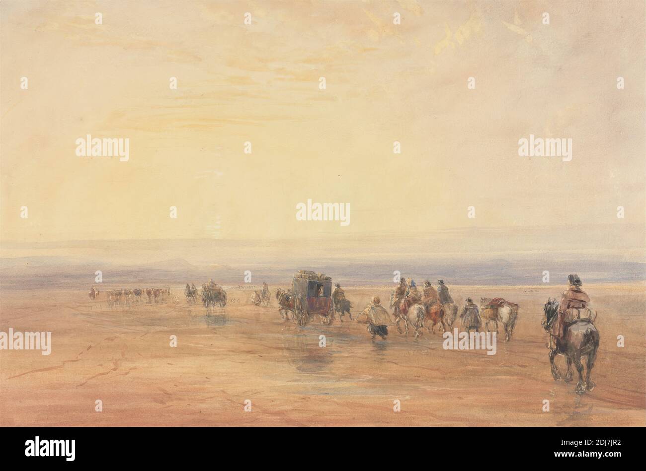 Crossing Lancaster Sands, David Cox, 1783–1859, britisch, Mitte 1830er Jahre, Aquarell, Gouache und Graphit und Kratzen auf mäßig dickem, leicht strukturiertem, weißem, gewelltem Papier, montiert auf, mäßig dickem, leicht strukturiertem, cremefarbenem, gewelltem Papier, Befestigung: 14 5/16 × 20 1/16 Zoll (36.4 × 51 cm), Contemporary Drawn Rand: 11 7/16 × 17 1/8 Zoll (29.1 × 43.5 cm), und Blatt: 11 3/16 × 16 7/8 Zoll (28.4 × 42.9 cm), Bucht (Gewässer), Strand, Kutsche, Wagen, Überquerung, Pferde (Tiere), Landschaft, Licht, Männer, Berge, Menschen, Sand, Sonnenuntergang, Gezeiten, Reisen, Reisende, Lancaster, Morecambe Bay Stockfoto