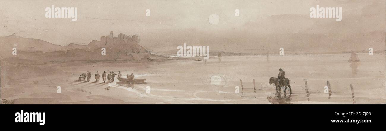 Seacoast, Sonnenuntergang mit Harlech Castle, David Cox, 1783–1859, britisch, zugeschrieben David Cox, 1783–1859, britisch, ca. 1808, Graphit und braun waschen auf Medium, glatt, Creme Wove Papier, Blatt: 3 x 8 3/8 Zoll (7.6 x 21.3 cm), Strand, Schloss, Küste, Pferd (Tier), Landschaft, Sonnenuntergang, Cymru, Europa, Harlech Castle, Vereinigtes Königreich, Wales Stockfoto