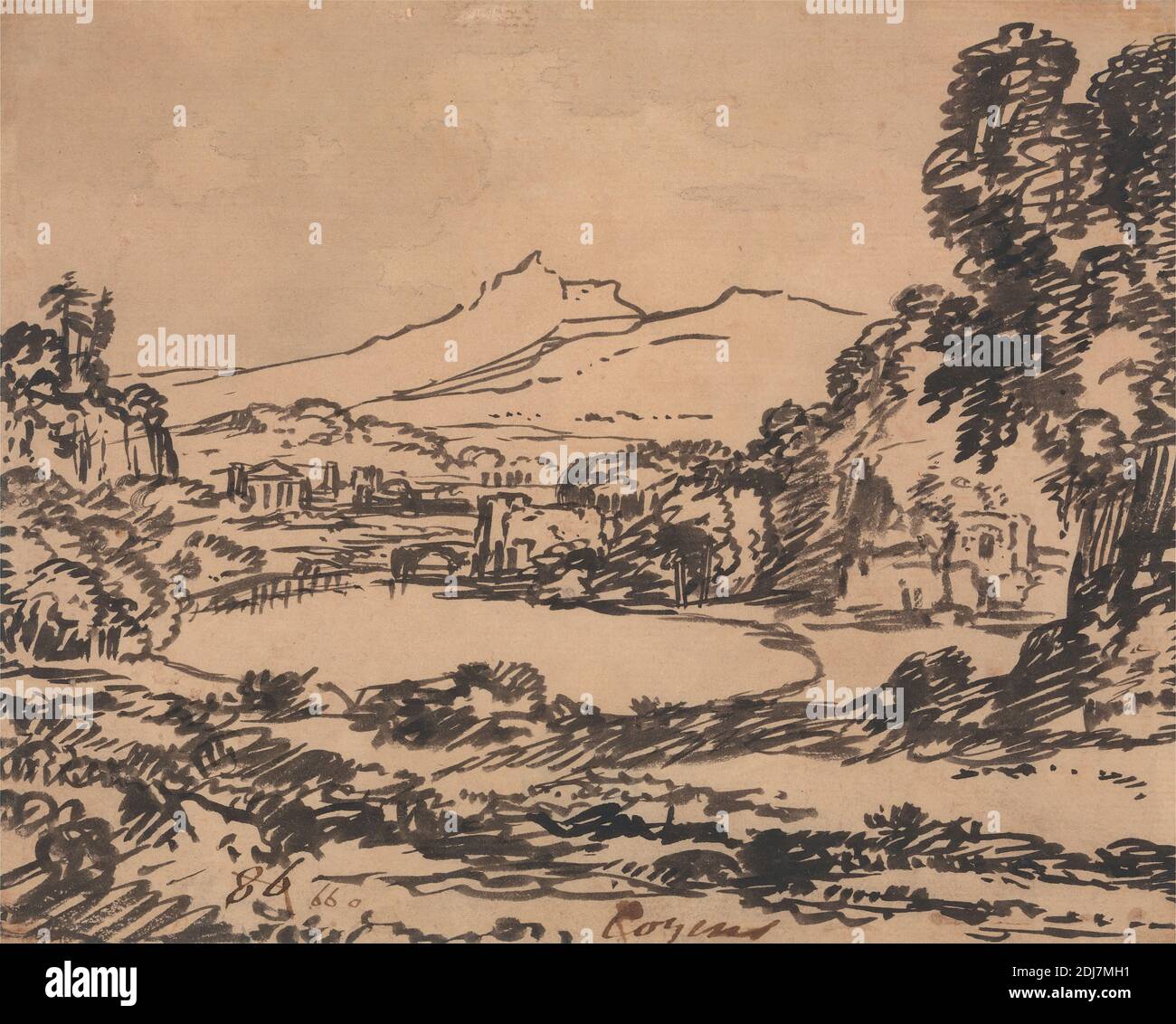 Landschaft mit See und entferntem Berg, Alexander Cozens, 1717–1786, Britisch, ca. 1750, gebürstete schwarze Tinte mit Graphit und Buff Boden auf Medium, schön strukturiert, cremefarbenen Papier gelegt, Blatt: 6 1/4 x 7 7/8 Zoll (15.9 x 20 cm), Gebäude, Hügel, See, Landschaft, Berge, Ruinen, Bäume Stockfoto