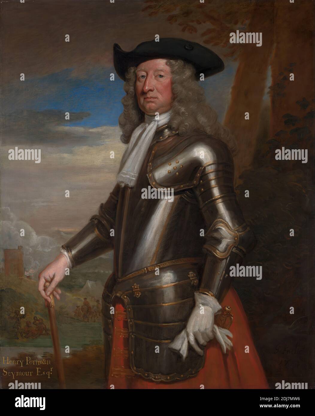 Henry Portman Seymour, Sir Godfrey Kneller, 1646–1723, Deutsch, in Großbritannien aktiv (ab 1676), 1714, Öl auf Leinwand, Stütze (PTG): 49 x 39 Zoll (124.5 x 99.1 cm), Rüstung, Armee, Lager (temporäre Siedlung), Handschuhe, Hut, Mann, Militärkunst, Militärlager, Porträt, Rauch, Zelt, Wanderstöcke, weiß, Perücke Stockfoto