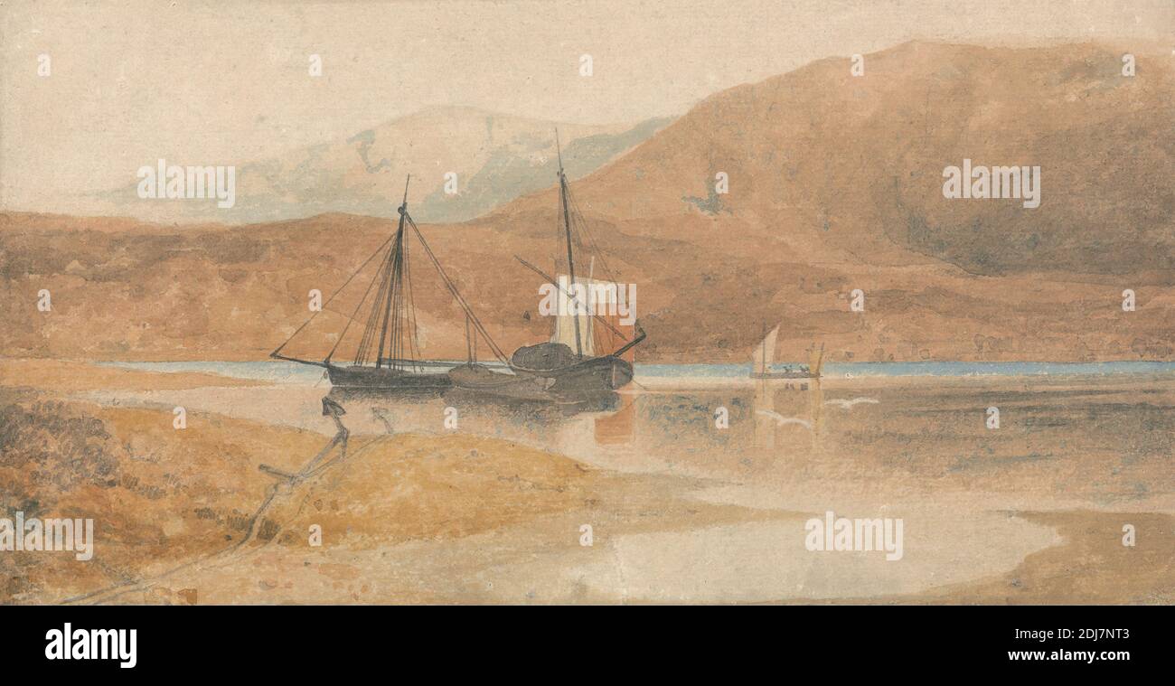 Barmouth Estuary with Cader Idris, North Wales, zugeschrieben John Sell Cotman, 1782–1842, britisch, undatiert, Aquarell, Feder und Grautinte und Graphit auf Medium, mäßig strukturiert, cremefarbenes Papier, Blatt: 6 1/4 x 12 Zoll (15.9 x 30.5 cm), Mündung, Meereskunst, Berge, Segel, Schiffe, Barmouth, Cader Idris, Cymru, Europa, Vereinigtes Königreich, Wales Stockfoto