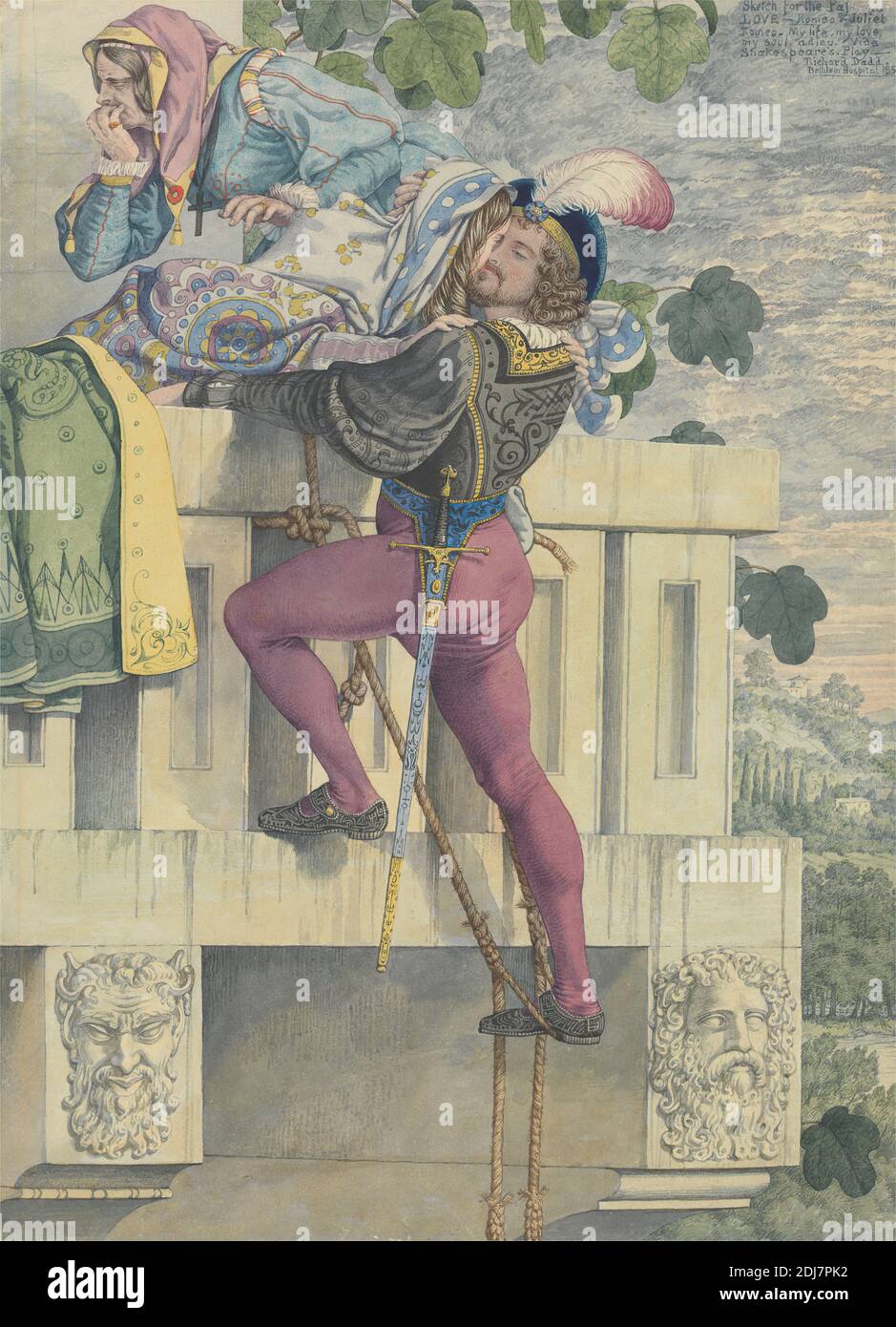 Skizze für die Leidenschaften: Love, Richard Dadd, 1817–1886, British, 1853, Aquarell, schwarze Tinte und Graphit auf mäßig dickem, leicht strukturiertem, hellblauem Wove-Papier, Blatt: 14 1/8 x 10 1/8 Zoll (35.9 x 25.7 cm), Balkon, umarmt, Feder, Garten, Mädchen, Hügel, Mann, Illustration, küssen, Landschaft, Blätter, literarisches Thema, Liebe, Liebhaber, Mann, Herrenhaus, Ehe, Leidenschaft, Theaterstücke von William Shakespeare, Roben, Romeo und Julia, III. Akt, Szene V, Seile, Skulpturen, Geheimhaltung, Diener, Sonnenaufgang, Schwert, Bäume, beobachten, Frau Stockfoto