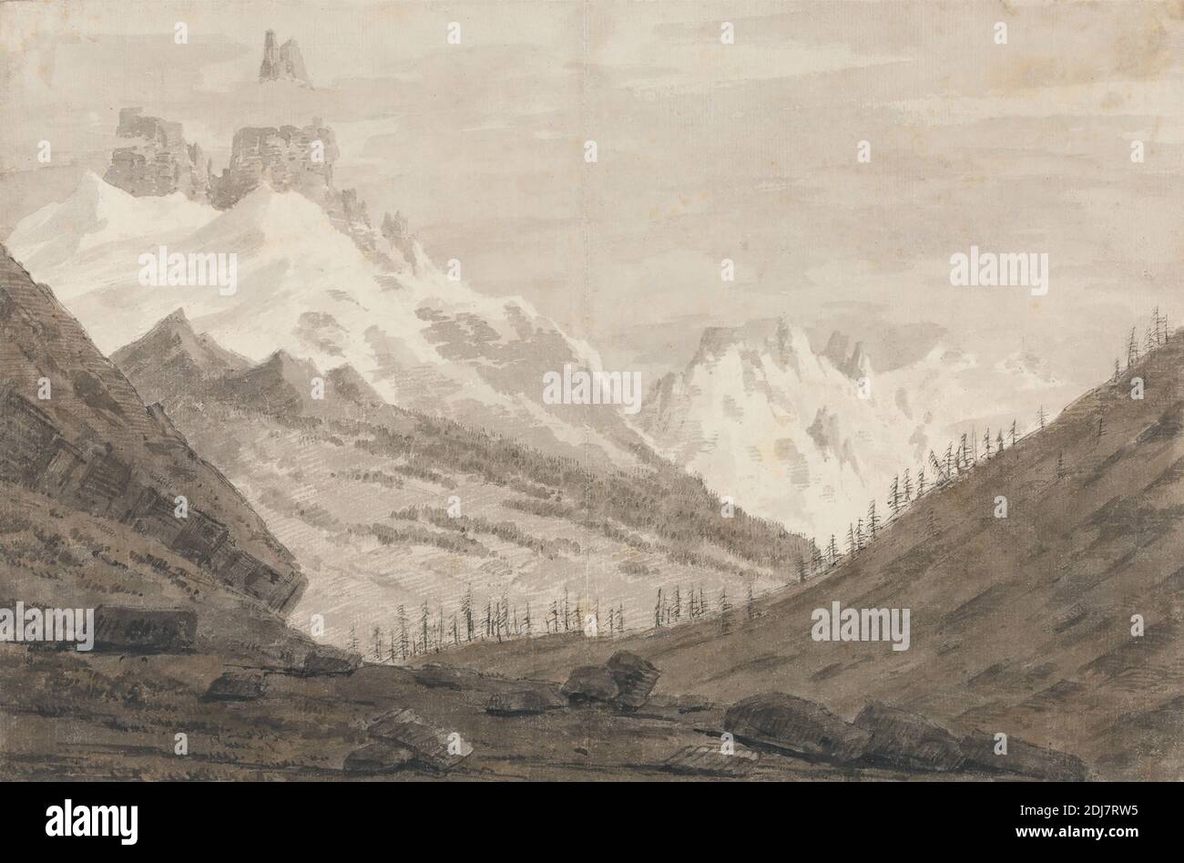 Zwischen Chamonix und Martigny, John Robert Cozens, 1752–1797, Britisch, 1776, Feder und schwarze Tinte, Aquarell, Graphit, Grauwäsche und Braunwäsche auf Medium, leicht strukturiert, cremefarbenes Papier auf mitteldickem, glattem, cremefarbenem Wove-Papier montiert, Halterung: 12 15/16 x 17 11/16 Zoll (32.8 x 45 cm), Blatt: 9 5/16 x 14 1/8 Zoll (23.7 x 35.9 cm), und Bild: 9 5/16 x 14 1/8 Zoll (23.7 x 35.9 cm), Wolken, Geologie, Grand Tour, grau, Höhe, Hügel, Eis, Landschaft, monochrom, Bergkette, Berge, Gipfel, Kiefer, Felsen (Landformen), Schnee, Reisen, Bäume, Wetter, Alpen, Chamonix-Mont-Blanc, Europa Stockfoto