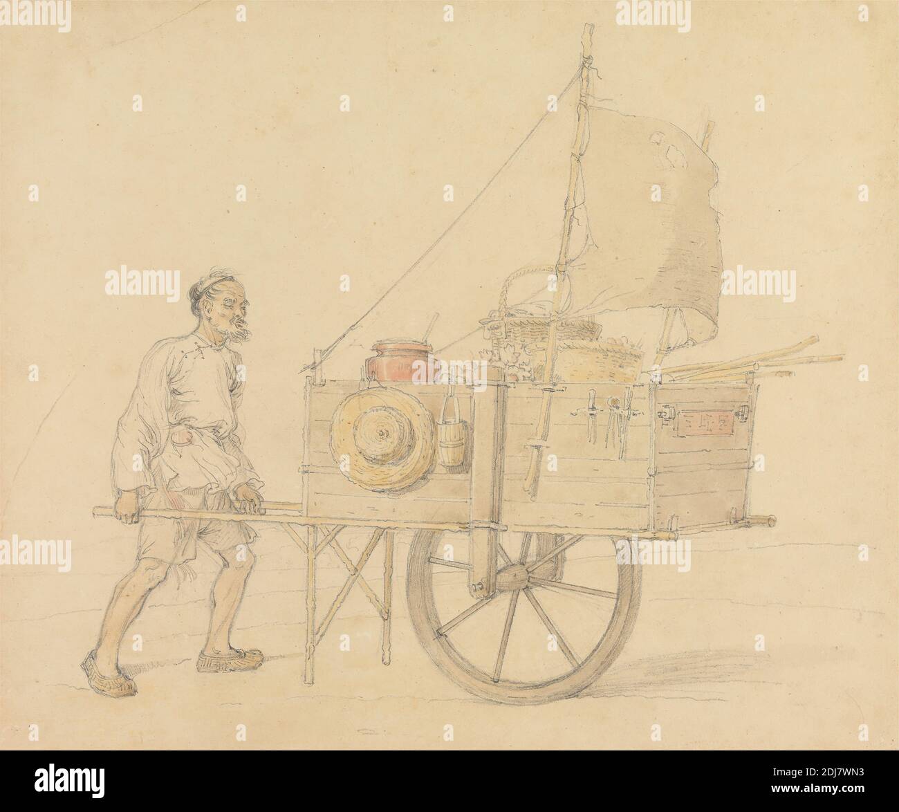 Chinese Carrier with his Sail-Set Barrow, William Alexander, 1767–1816, British, undated, Yellow Wash, Brown Wash, Aquarell, Graphit und Graphit auf mäßig dickem, leicht strukturiertem, beigefarbenem Papier, Blatt: 9 x 10 9/16 Zoll (22.9 x 26.8 cm), Körbe, Wagen, Chinesisch, Essen, Genremotiv, Mann, Händler, Straßenhändler, Wandern, Schubkarre, Wind, China Stockfoto