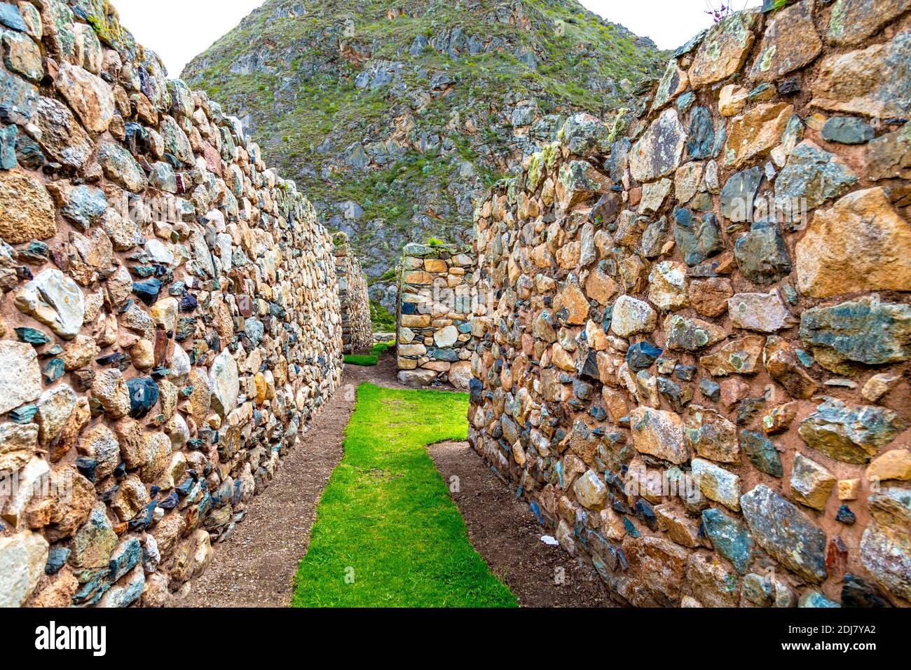 Inka Ruinen am Llactapata archäologische Stätte Aussichtspunkt entlang der Inka Trail, Scared Valley, Peru Stockfoto