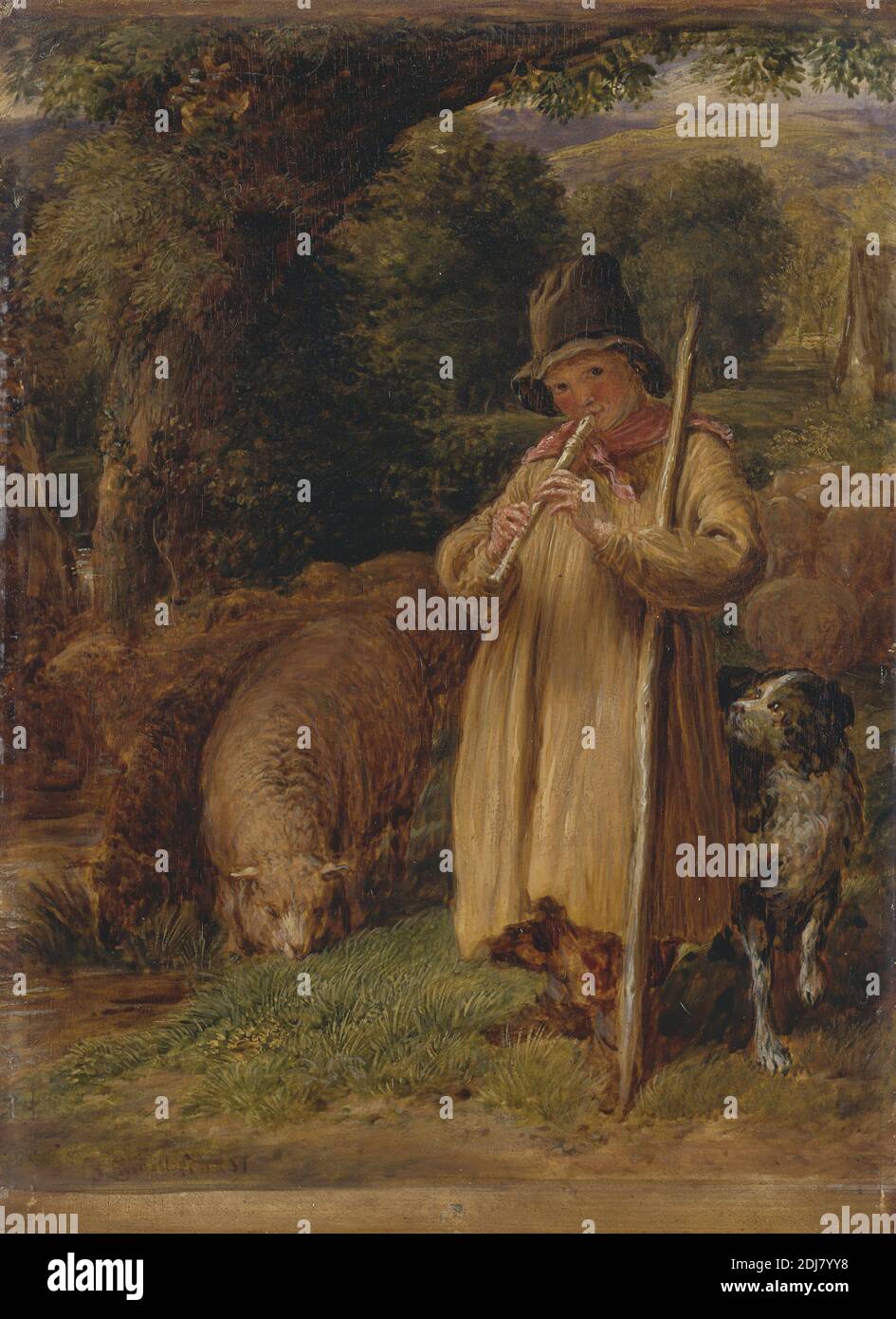 Shepherd Boy Playing a Flute, John Linnell, 1792–1882, British, 1831, Öl auf Platte, Unterstützung (PTG): 9 x 6 1/2 inches (22.9 x 16.5 cm), Tiere, Junge, Kostüm, Land, Hund (Tier), Fipple Flöte, Genre Thema, Hut, Instrument, Musik, pastoral, Blockflöte, Schafe, Hirte, Stab (Personal Waffe Komponente), Bäume Stockfoto