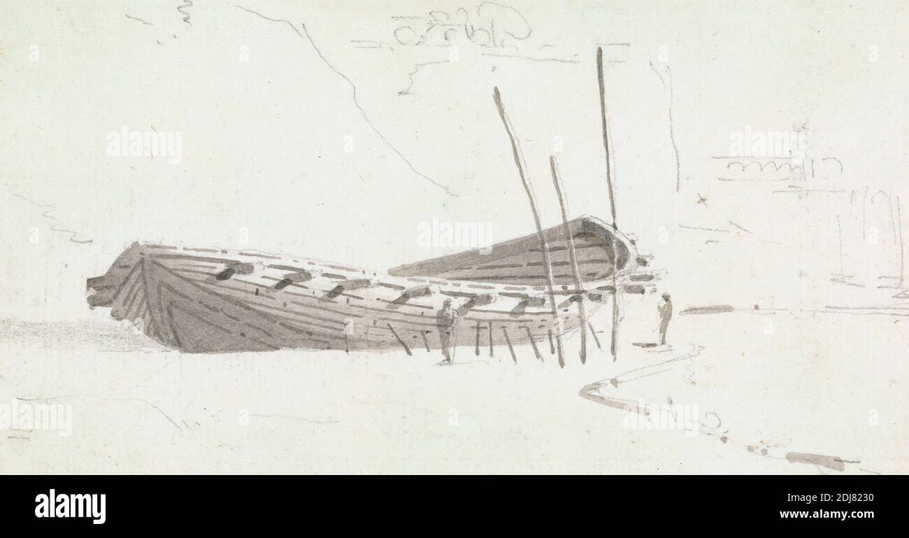 Hull of a Boat on Shore, Thomas Daniell, 1749–1840, britisch, aktiv in Indien, ca. 1789, Grau waschen über Graphit auf Medium, leicht strukturiert, cremefarbenen Papier gelegt, Blatt: 3 1/2 x 6 5/8 Zoll (8.9 x 16.8 cm), Boot, Rumpf, Meereskunst Stockfoto