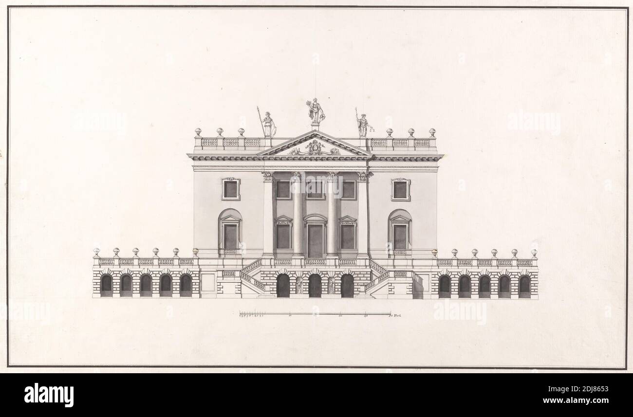 Unidentifiziertes Landhaus: Front Elevation, zugeschrieben John Sanderson, aktiv 1730–gestorben 1774, britisch, undatiert, Pen und schwarze Tinte mit grauem Wash über Graphit auf Medium, mäßig strukturiert, weiß gegelegtes Papier, Blatt: 10 5/8 x 17 1/2 Zoll (27 x 44.5 cm), architektonisches Motiv, Balustraden, Säulen (architektonische Elemente), korinthischer Orden, Landhaus, Erhebungen (Zeichnungen), außen, vorne, Giebel, Treppen, Statuen Stockfoto