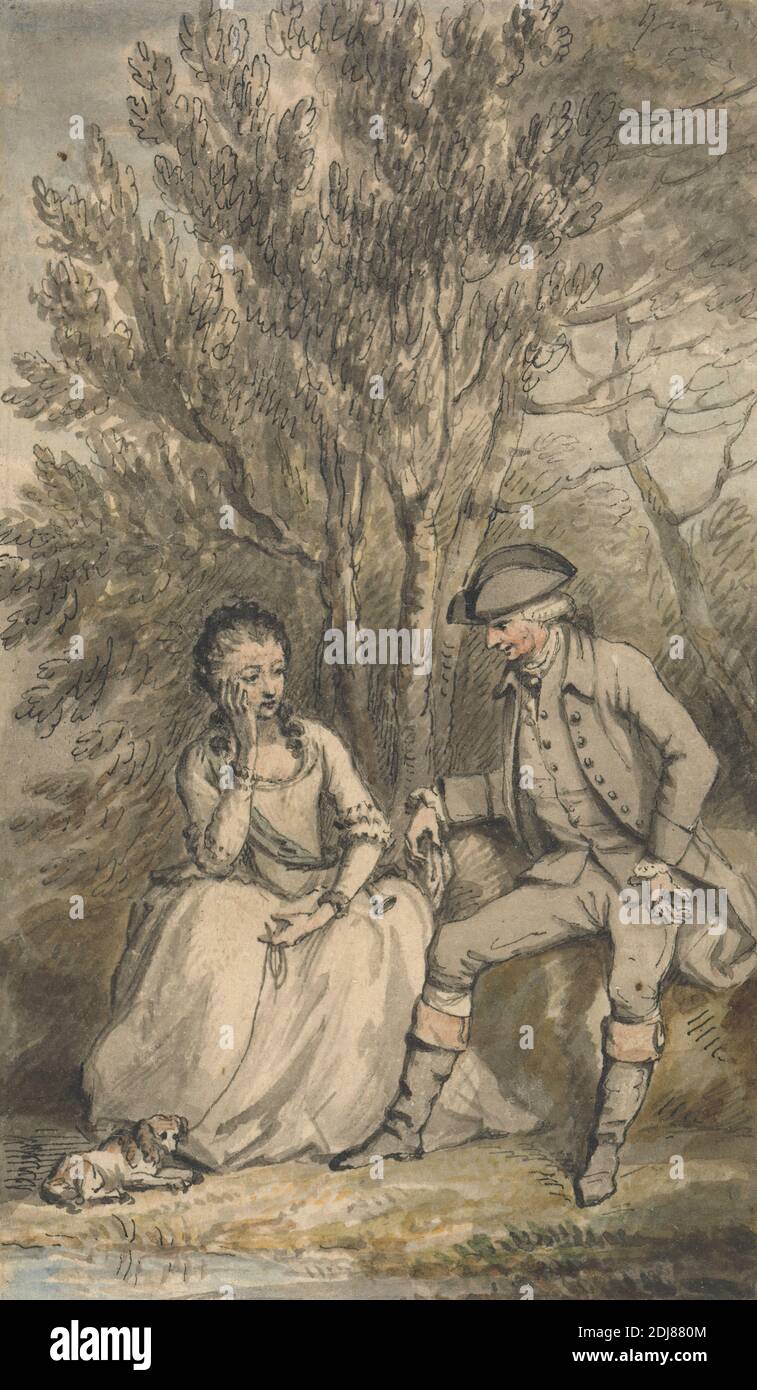 Illustration zu EINER sentimentalen Reise: Episode: Maria und ihr Hund Sylvia, Edward Edwards, 1738–1806, britisch, undatiert, Aquarell, Feder und schwarze Tinte und Graphit auf Medium, leicht strukturiert, cremefarbenes Papier, Blatt: 4 × 2 3/8 inches (10.2 × 6 cm), Balz, Hund (Tier), Genresubjekt, Illustration, Reise, Leine, Frau Stockfoto