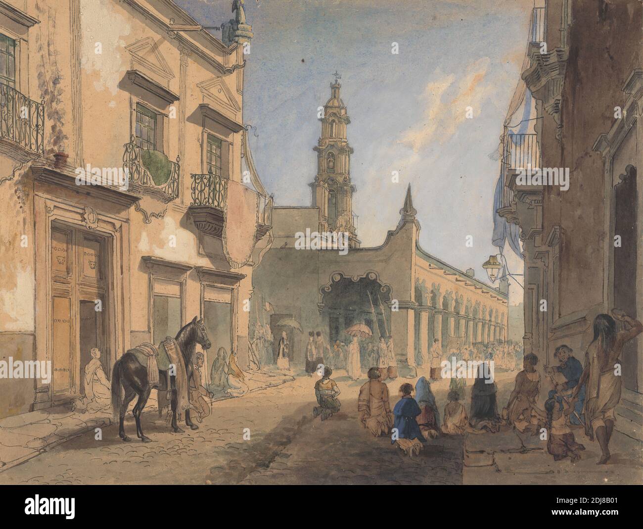 Mexikanische Straßenszene - Aquas Caliente, Daniel Thomas Egerton, ca. 1800–1842, britisch, ca. 1840, Aquarell, Stift, schwarze Tinte, Gouache und Graphit auf Medium, leicht strukturiert, cremefarbenes, auf Medium montiertes, leicht strukturiertes beigefarbenes Papier, Blatt: 11 3/8 × 15 1/8 Zoll (28.9 × 38.4 cm), Architekturmotiv, Balkone, Stadtbild, Genremotiv, Pferd (Tier), Mexikaner, Menschen, Straße, Aguascalientes, Aguascalientes, Mexiko, Nord- und Mittelamerika Stockfoto