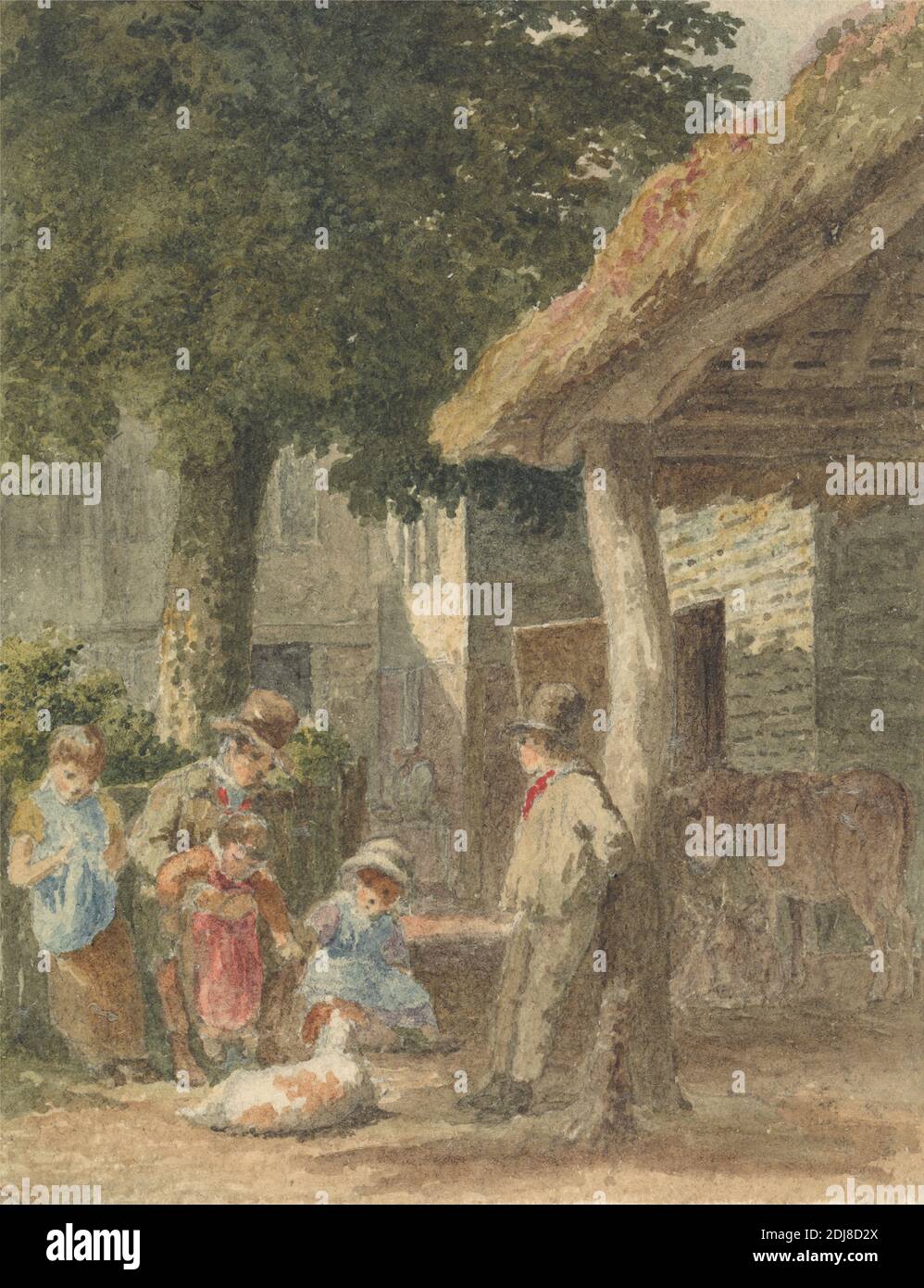 Children with a Dog in Farmyard, Robert Hills, 1769–1844, britisch, undatiert, Aquarell, Gouache und Graphit auf Medium, leicht strukturiert, cremefarbenes Wove-Papier, Blatt: 4 1/4 × 3 3/8 inches (10.8 × 8.6 cm), Kinder, Hund (Tier), Esel, Bauernhof, Genremotiv, Hüte, Strohdächer, Bäume Stockfoto