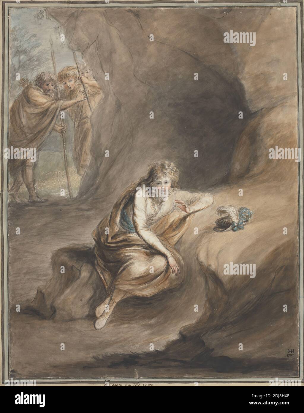 Imogen in the Cave, 'Cymbeline', III. Akt, Szene VI, Mary Hoare, 1753–1820, British, 1782, Aquarell und Graphit mit Stift und schwarzer Tinte auf dickem, leicht strukturiertem cremefarbenen Wove-Papier montiert auf mäßig dickem, leicht strukturiertem cremefarbenen Papier mit zeitgemäßer Umrandung, Mount: 23 1/16 x 18 5/16 Zoll (58.5 x 46.5 cm), zeitgemäßer gezeichneter Rand: 22 5/8 x 18 1/16 Zoll (57.5 x 45.8 cm) und Blatt: 21 7/8 x 17 1/8 Zoll (55.6 x 43.5 cm), Mütze, Umhang, Umhang, Cross-Dressing, Cymbeline, III. Akt, VI. Szene, Cymbeline, Theaterstück von William Shakespeare, Sammeln, Gestik, Jäger, literarisches Thema Stockfoto