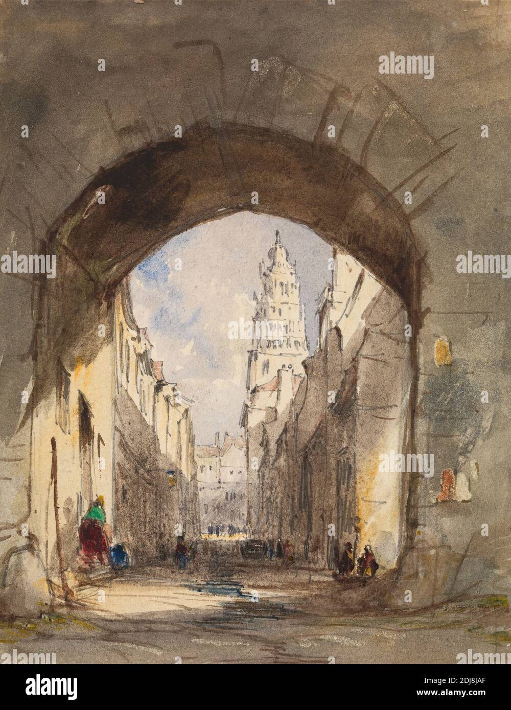 Straßenszene in Calais, John Scarlett Davis, 1804–1845, britisch, undatiert, Aquarell mit Kratzern über Graphit auf dickem, mäßig strukturiertem, cremefarbenem Wove-Papier, Blatt: 7 1/4 × 5 5/8 inches (18.4 × 14.3 cm), Abtei, Bogen, Stadtbild, Calais, Europa, Frankreich Stockfoto