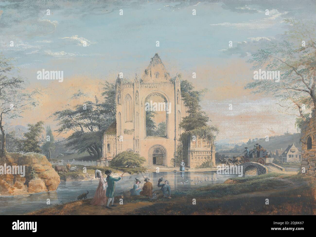 Landschaft mit einer ruinierten normannischen Kirche, zugeschrieben Samuel Hieronymus Grimm, (früher S. H. Grimm), 1733–1794, schweizerisch, undatiert, Aquarell mit Gouache über Graphit auf mittlerem, glattem, beigefarbenem Papier, Blatt: 13 1/8 x 19 1/8 cm (48.6 x 33.3 Zoll) und zeitgemäß gezeichneter Rand: 14 3/4 x 20 1/4 Zoll (37.5 x 51.4 cm), Gebäude, Kutschen, Vieh, Kirche, Hund (Tier), Enten, Zäune, Angeln, Pferde (Tiere), Landschaft, Männer, Norman, Ruinen, Bäume, Frauen Stockfoto