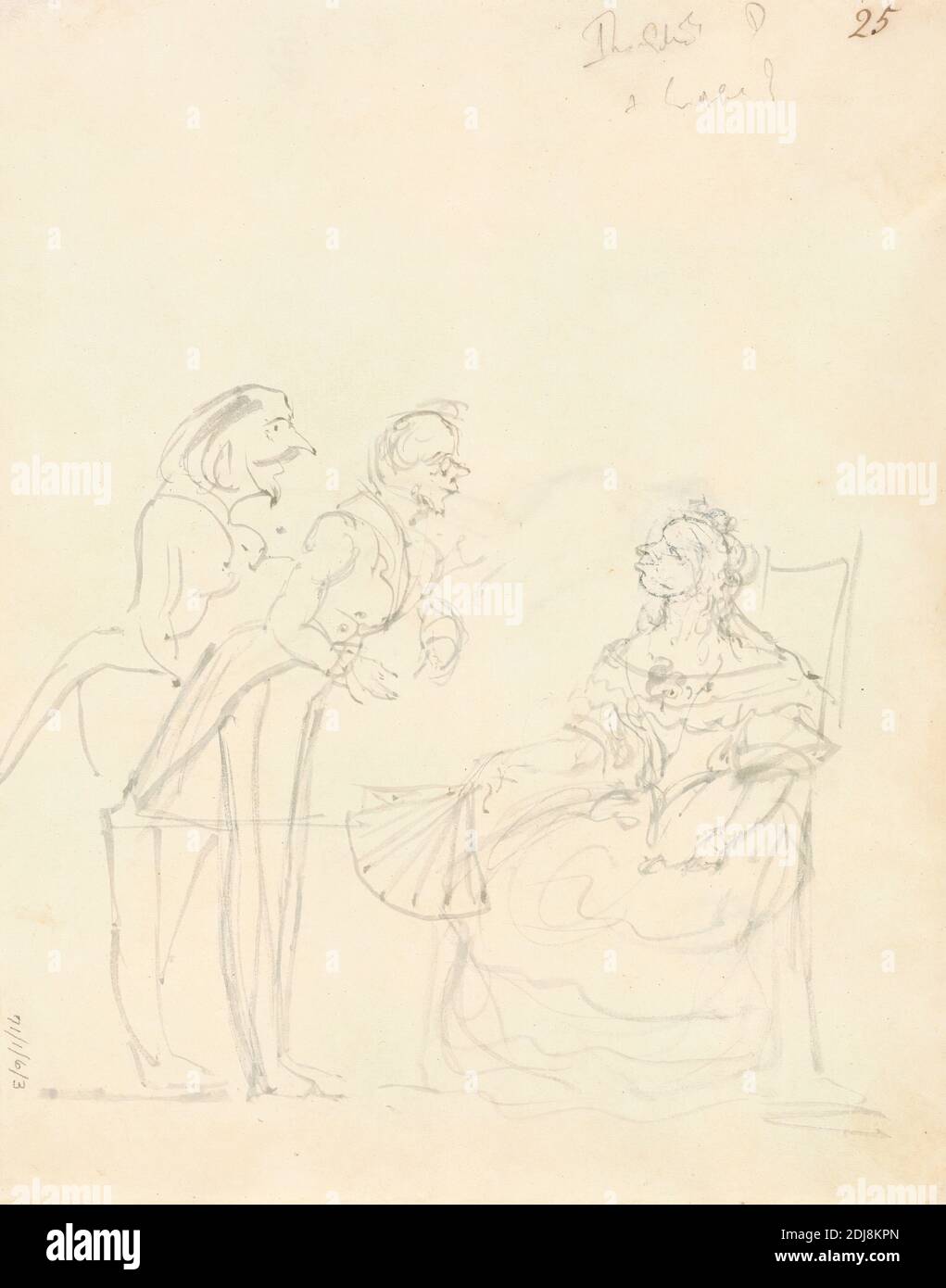 Zwei Herren im Gespräch mit einer sitzenden Dame, Sir John Everett Millais, 1829–1896, britisch, undatiert, Feder und graue Tinte und Kratzen auf dünnem, glattem, cremefarbenem Papier, Blatt: 9 1/8 x 7 1/4 Zoll (23.2 x 18.4 cm), Genremotiv Stockfoto