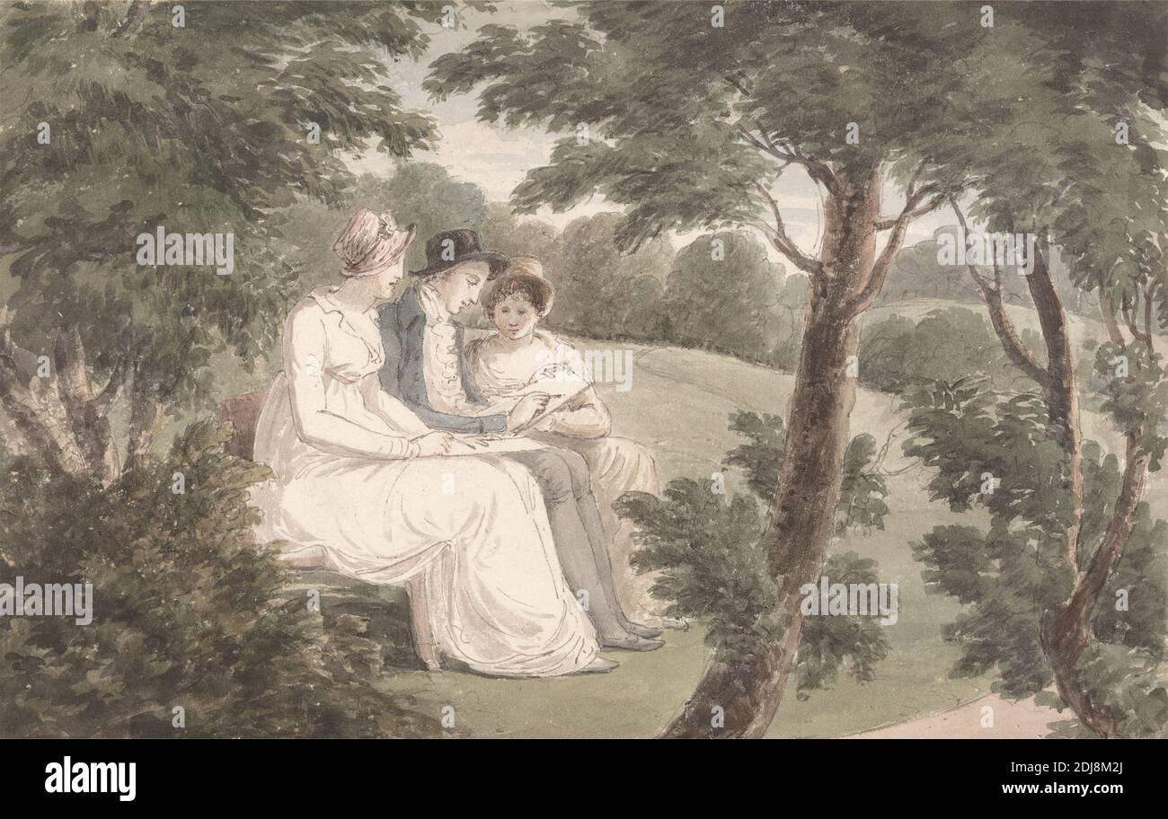 Miss Templeton, Mr. Holworthy und Miss Crewe, Sketching in a Wooded Landscape, zugeschrieben James Holworthy, 1780–1841, britisch, undatiert, Aquarell und Feder und schwarze Tinte auf Medium, leicht strukturiert, cremefarbenes Papier, Blatt: 5 × 7 7/8 inches (12.7 × 20 cm), Genremotiv, Mann, Porträt, sitzend, skizzierend, Frauen, Holz Stockfoto