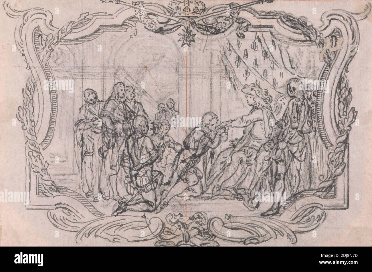Entwurf für eine Vignette: Der König von Frankreich umgeben von Höflingen, Hubert-François Gravelot, 1699–1773, französisch, in Großbritannien tätig (1733–45), undatiert, Feder und schwarze Tinte, Graphit, rote Kreide, Und Blattgold auf Medium, leicht strukturiert, gebläutes weißes Papier, montiert auf mäßig dickem, mäßig strukturiertem, cremefarbenen Papier, mit Blattgold, Aquarell, Stift in schwarzer und roter Tinte, Randlinien, Halterung: 11 1/8 × 11 Zoll (28.3 × 27.9 cm), Zeitgenössische gezeichnete Bordüre: 5 3/8 x 7 1/8 Zoll (13.7 x 18.1 cm), und Blatt: 3 5/8 x 5 3/8 Zoll (9.2 x 13.7 cm), Höflinge, Design (Disziplin), Figur Studie Stockfoto