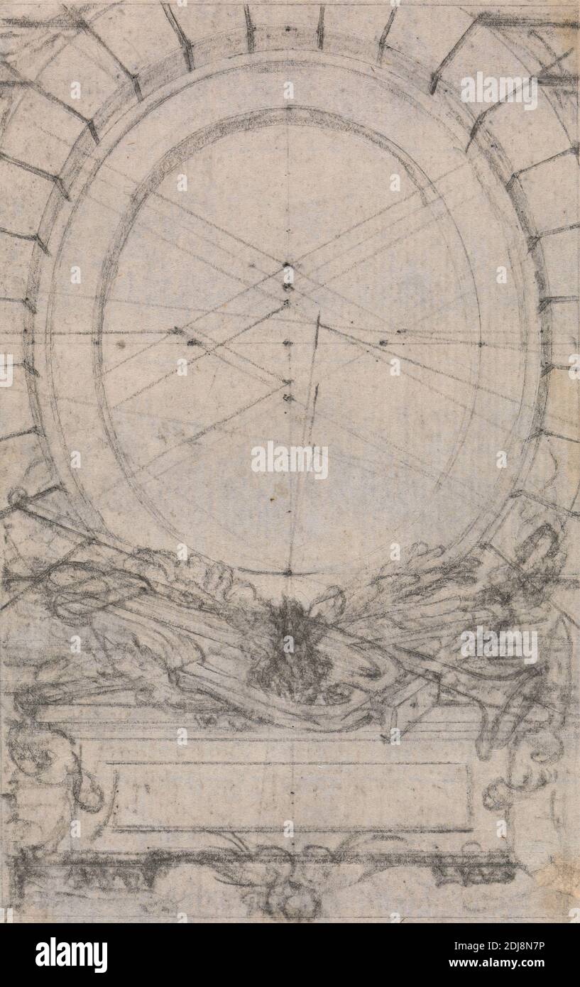 Layout Design for a Bookplate, Hubert-François Gravelot, 1699–1773, französisch, tätig in Großbritannien (1733–45), undatiert, Graphit und schwarze Kreide auf Medium, leicht strukturiert, graues Büttenpapier montiert auf mäßig dickem, leicht strukturiertem, cremefarbenem Papier, mit Blattgold, Aquarell, Stift in schwarz-roter Tusche Randlinie, Halterung: 11 x 7 7/8 Zoll (27.9 x 20 cm), Contemporary Drawn Border: 6 1/8 × 4 1/2 Zoll (15.6 × 11.4 cm), und Blatt: 4 1/2 × 2 7/8 Zoll (11.4 × 7.3 cm), Exlibris, Design, Genre Thema Stockfoto