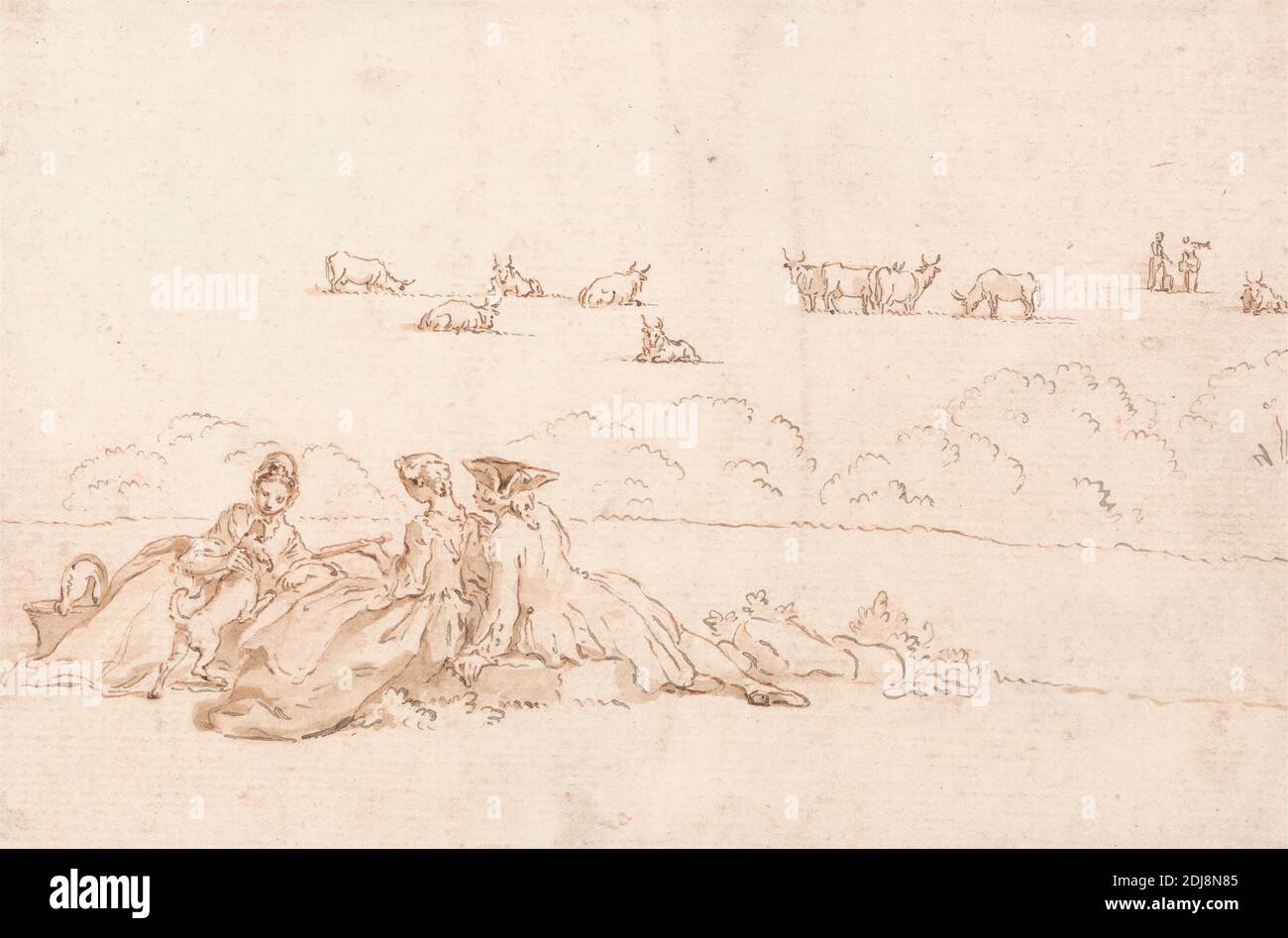 Ein Picknick: Zwei Damen und ein Gentleman, Hubert-François Gravelot, 1699–1773, französisch, in Großbritannien tätig (1733–45), ca. 1745, Stift und braune Tinte, Stift und schwarze Tinte, braun waschen und rote Kreide auf Medium, leicht strukturiert, beige gelegt Papier auf dicken, mäßig strukturiert, cremefarbenen Wove Papier montiert, Halterung: 8 5/8 × 10 7/8 Zoll (21.9 × 27.6 cm) und Blatt: 4 5/8 × 6 7/8 Zoll (11.7 × 17.5 cm), Korb, Flasche, Vieh, Hund (Tier), Futter, Genremotiv, Gentleman, Damen, Freizeit, Weiden, Picknick, sitzen, tricorne Stockfoto